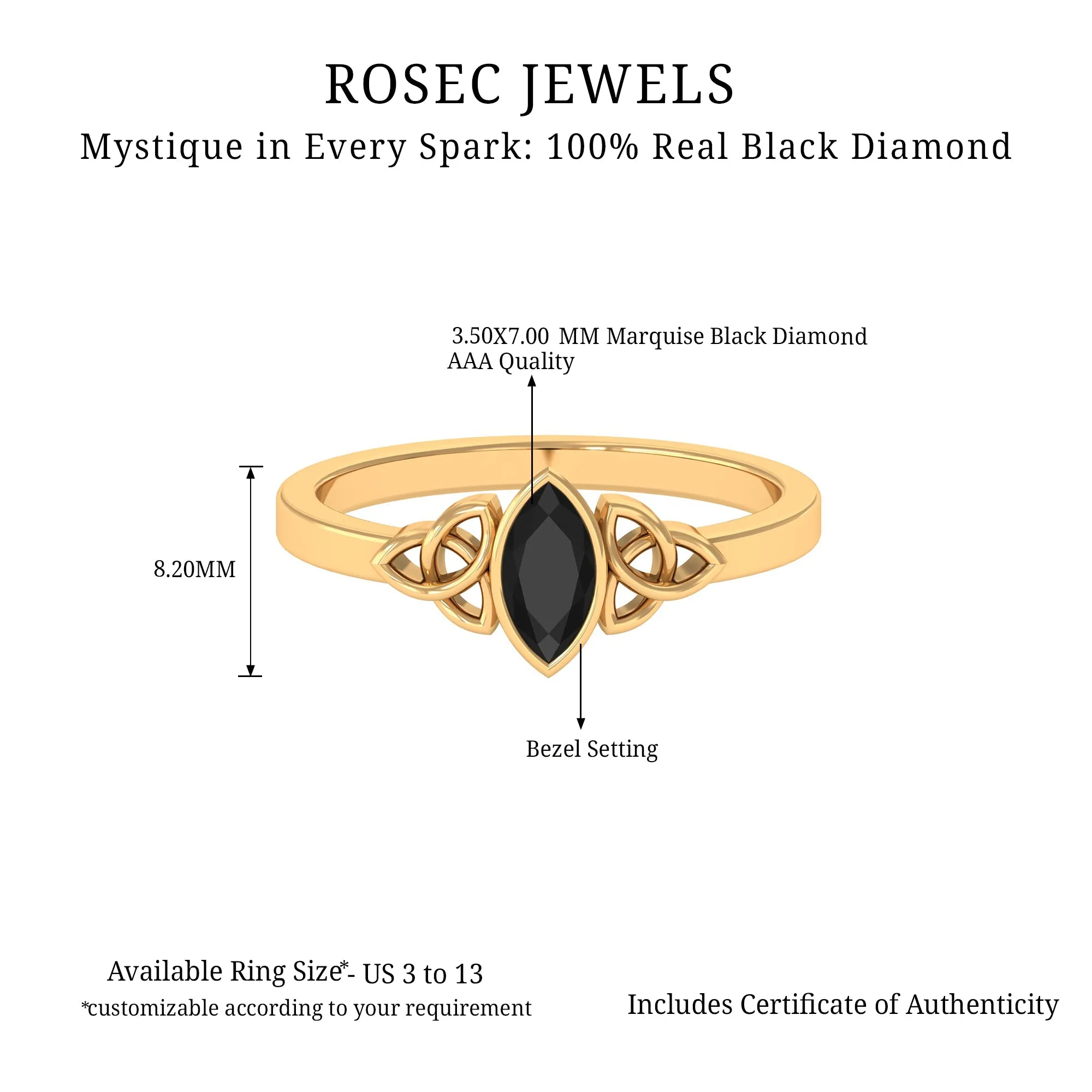 7X3.5 MM Marquise Cut Black Diamond Solitaire Celtic Ring in Bezel Setting