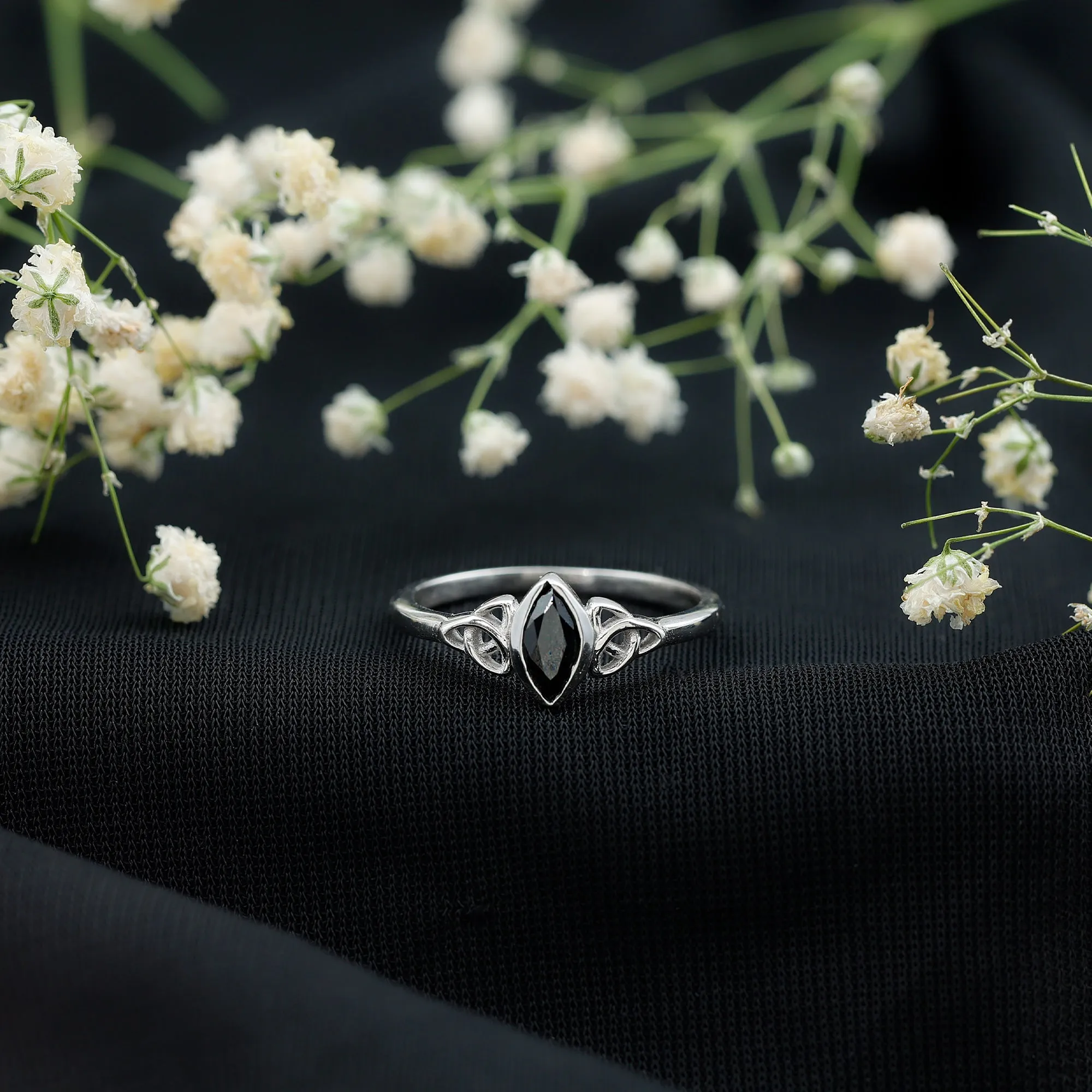 7X3.5 MM Marquise Cut Black Diamond Solitaire Celtic Ring in Bezel Setting