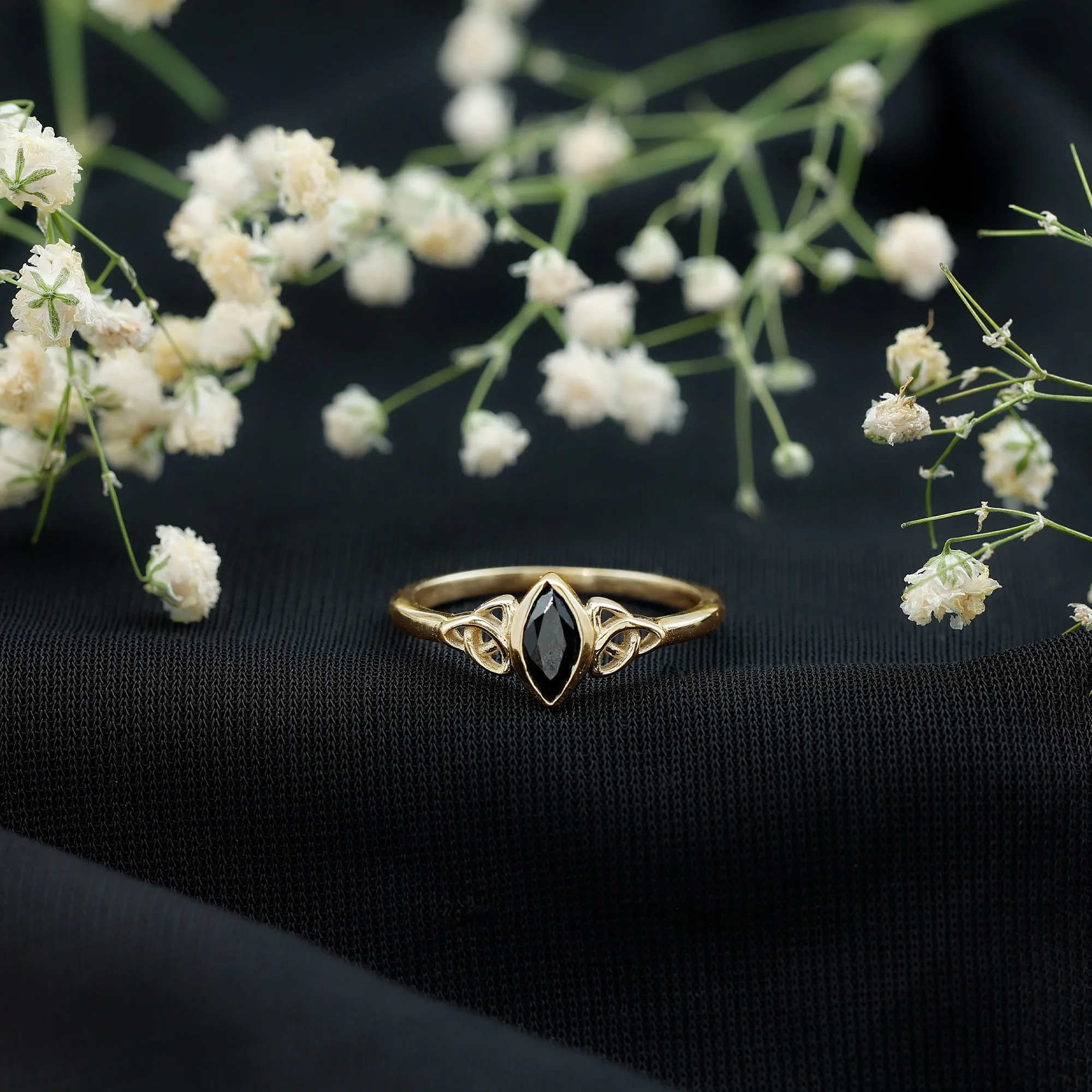 7X3.5 MM Marquise Cut Black Diamond Solitaire Celtic Ring in Bezel Setting