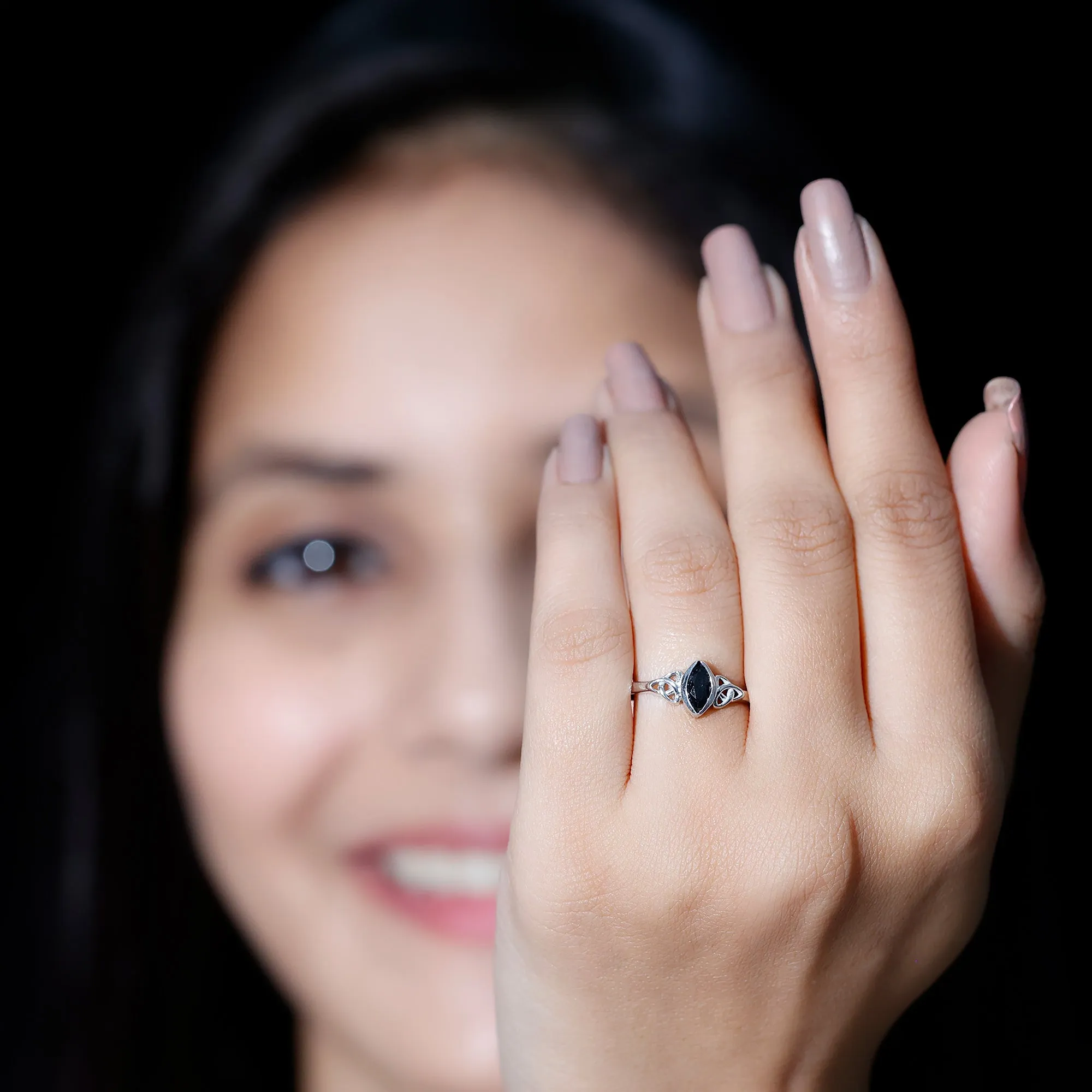 7X3.5 MM Marquise Cut Black Diamond Solitaire Celtic Ring in Bezel Setting
