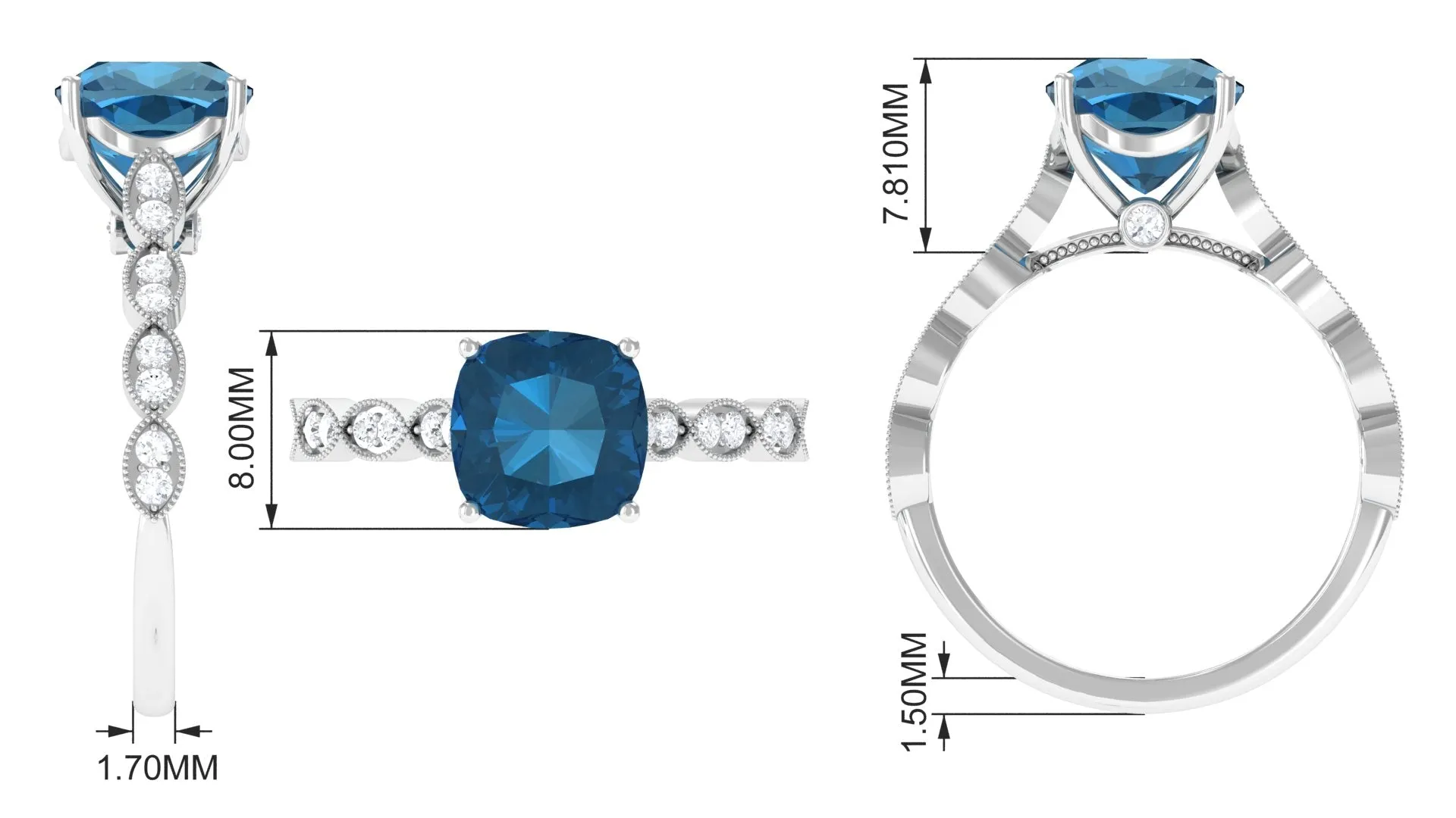 8 MM Cushion London Blue Topaz Solitaire Engagement Ring with Diamond