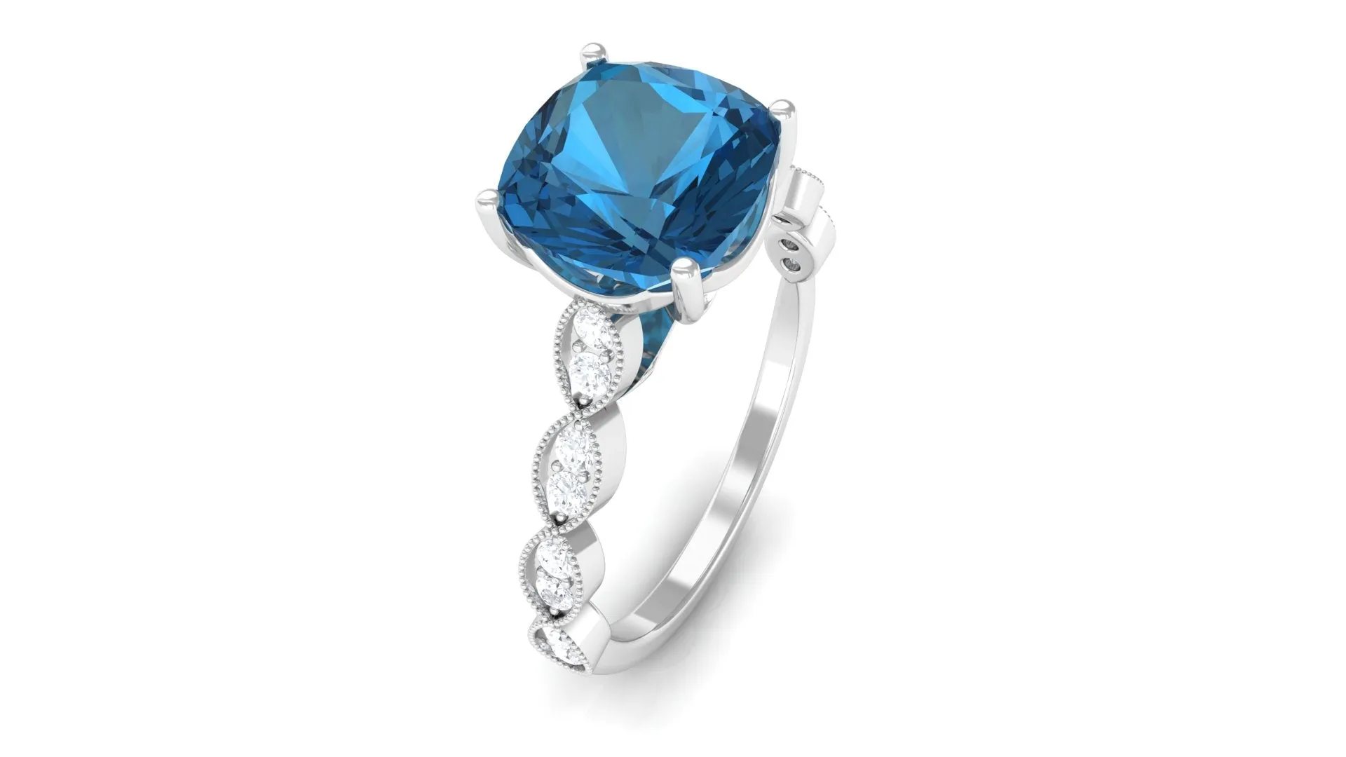 8 MM Cushion London Blue Topaz Solitaire Engagement Ring with Diamond