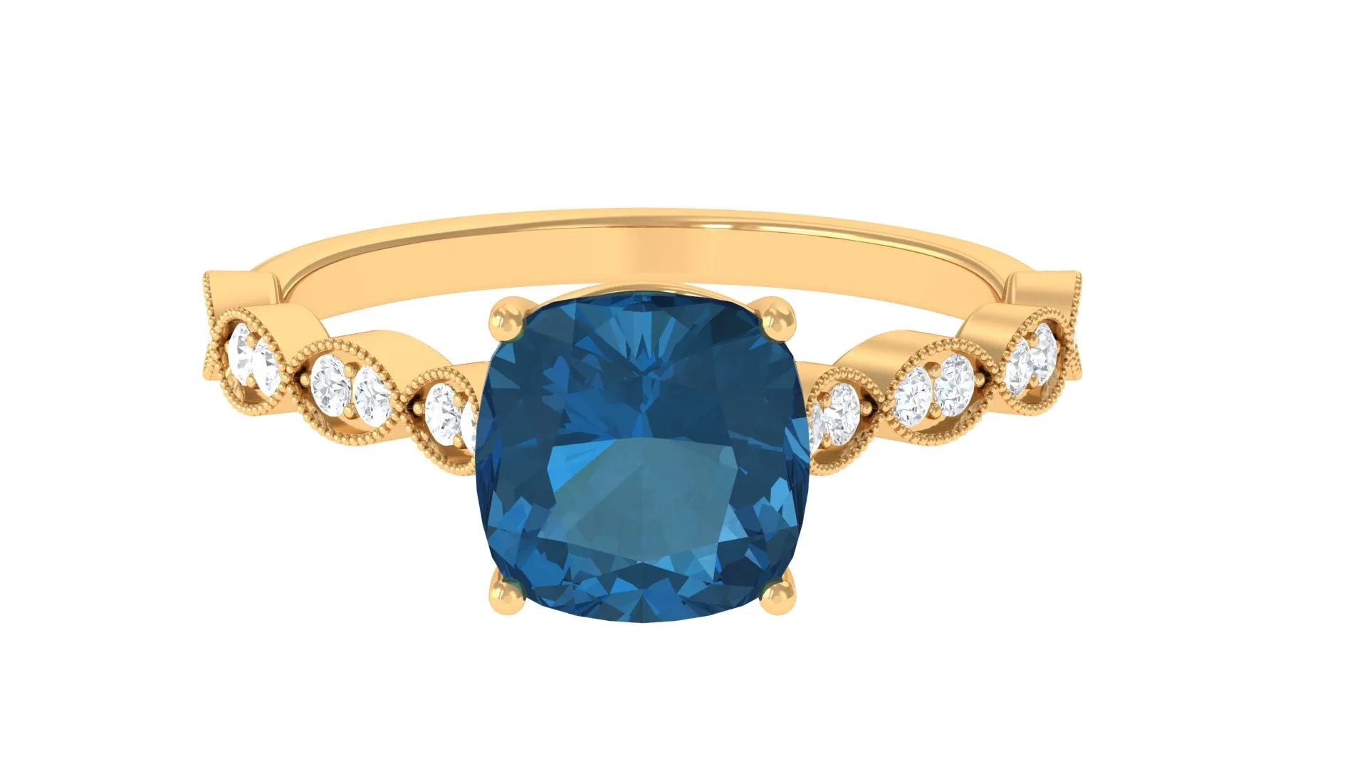 8 MM Cushion London Blue Topaz Solitaire Engagement Ring with Diamond