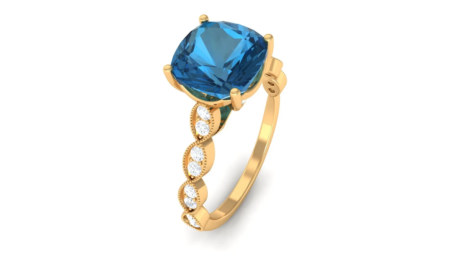 8 MM Cushion London Blue Topaz Solitaire Engagement Ring with Diamond