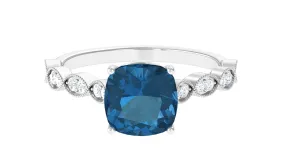 8 MM Cushion London Blue Topaz Solitaire Engagement Ring with Diamond