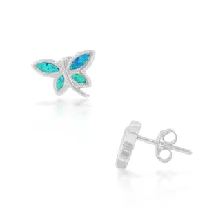 925 Sterling Silver Blue Turquoise-Tone Simulated Opal Dragonfly Stud Earrings