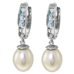 9.3 Carat 14K Solid White Gold Hoop Earrings Aquamarine Pearl