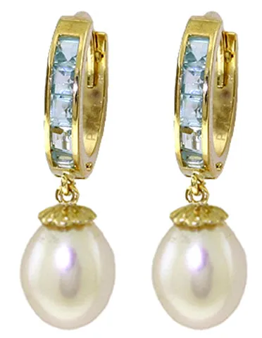 9.3 Carat 14K Solid White Gold Hoop Earrings Aquamarine Pearl