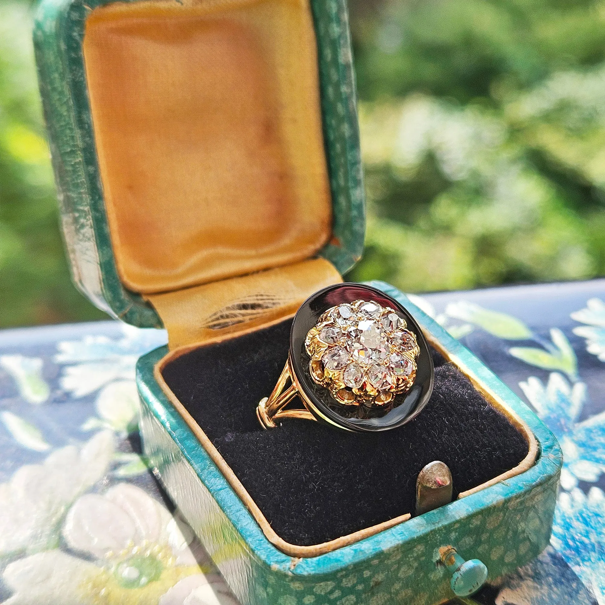 Antique 1880s Victorian Diamond Onyx Cocktail Cluster Wedding Engagement Ring