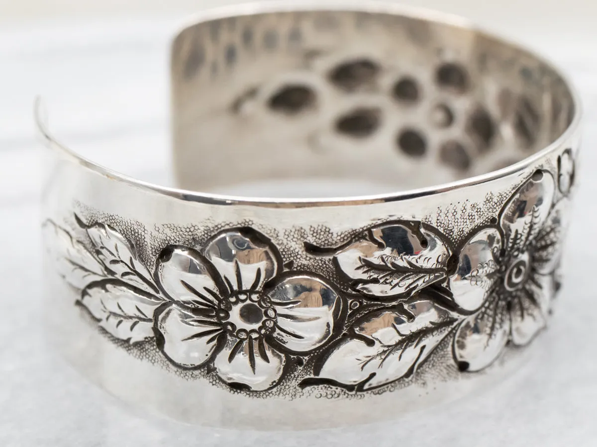 Antique 1900s Repousse Floral Cuff Bracelet
