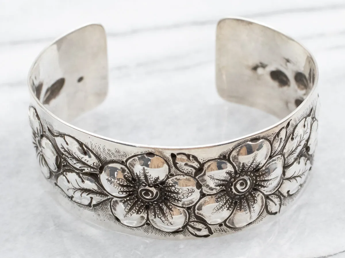 Antique 1900s Repousse Floral Cuff Bracelet