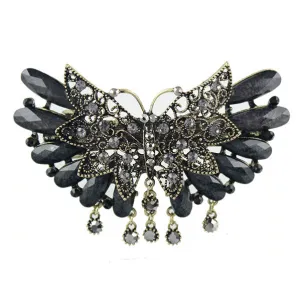 Antique Brass Finish Butterfly Barrette with Rhinestone Tassels