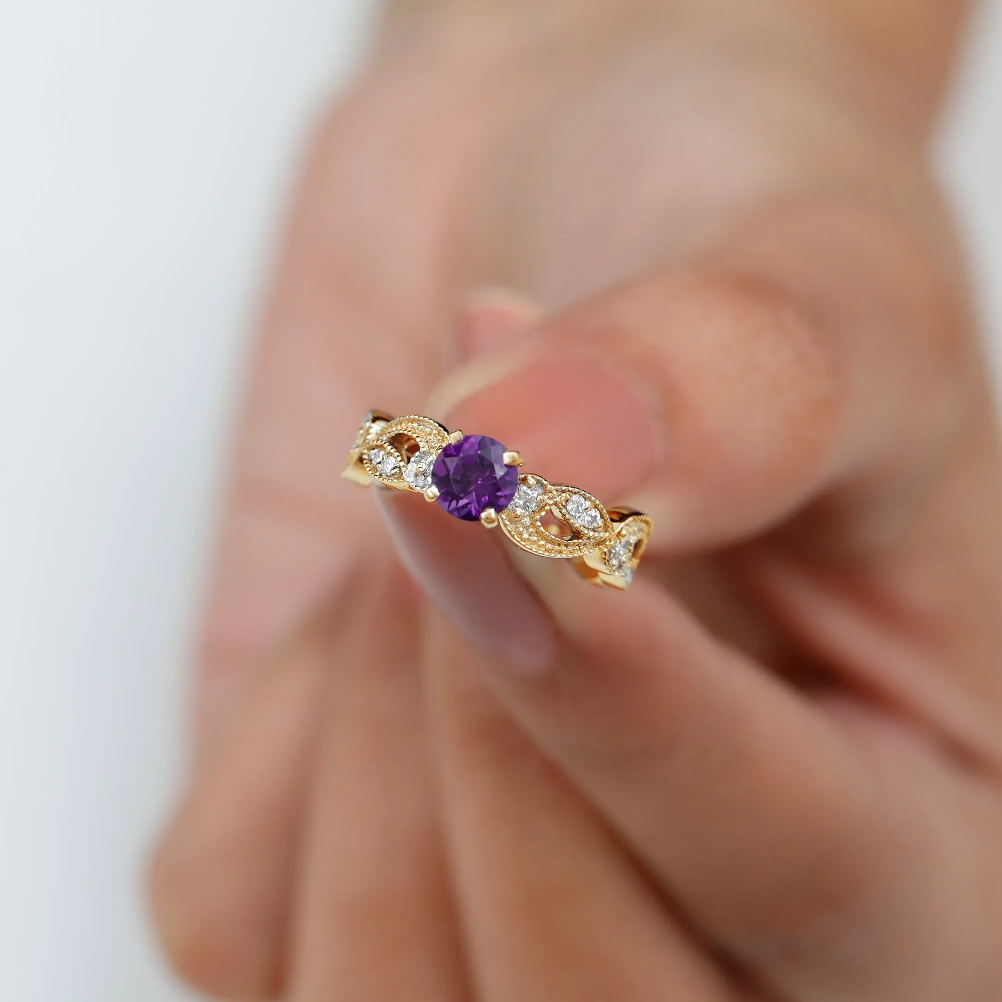 Antique Style Amethyst and Diamond Engagement Ring with Beaded Detailing