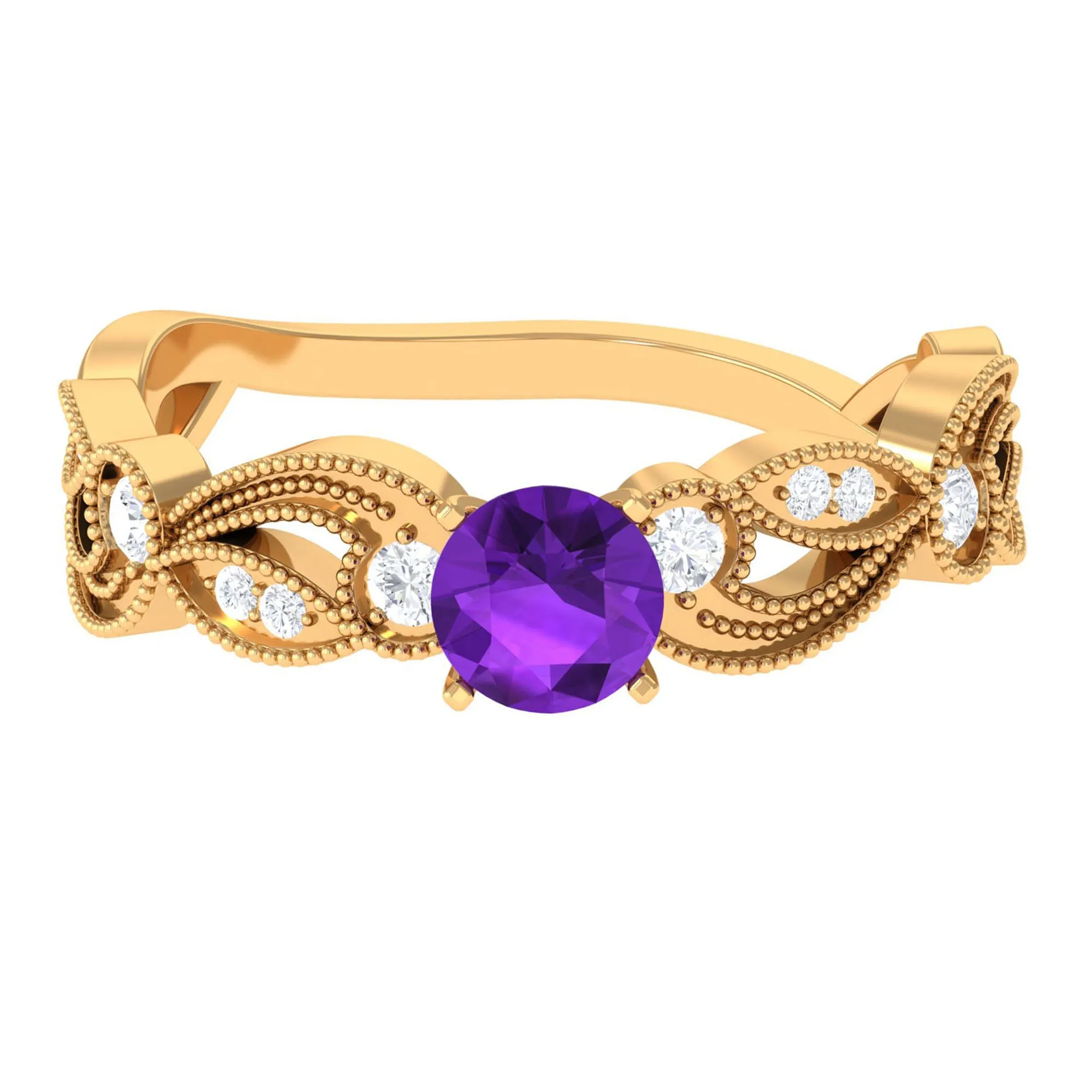 Antique Style Amethyst and Diamond Engagement Ring with Beaded Detailing