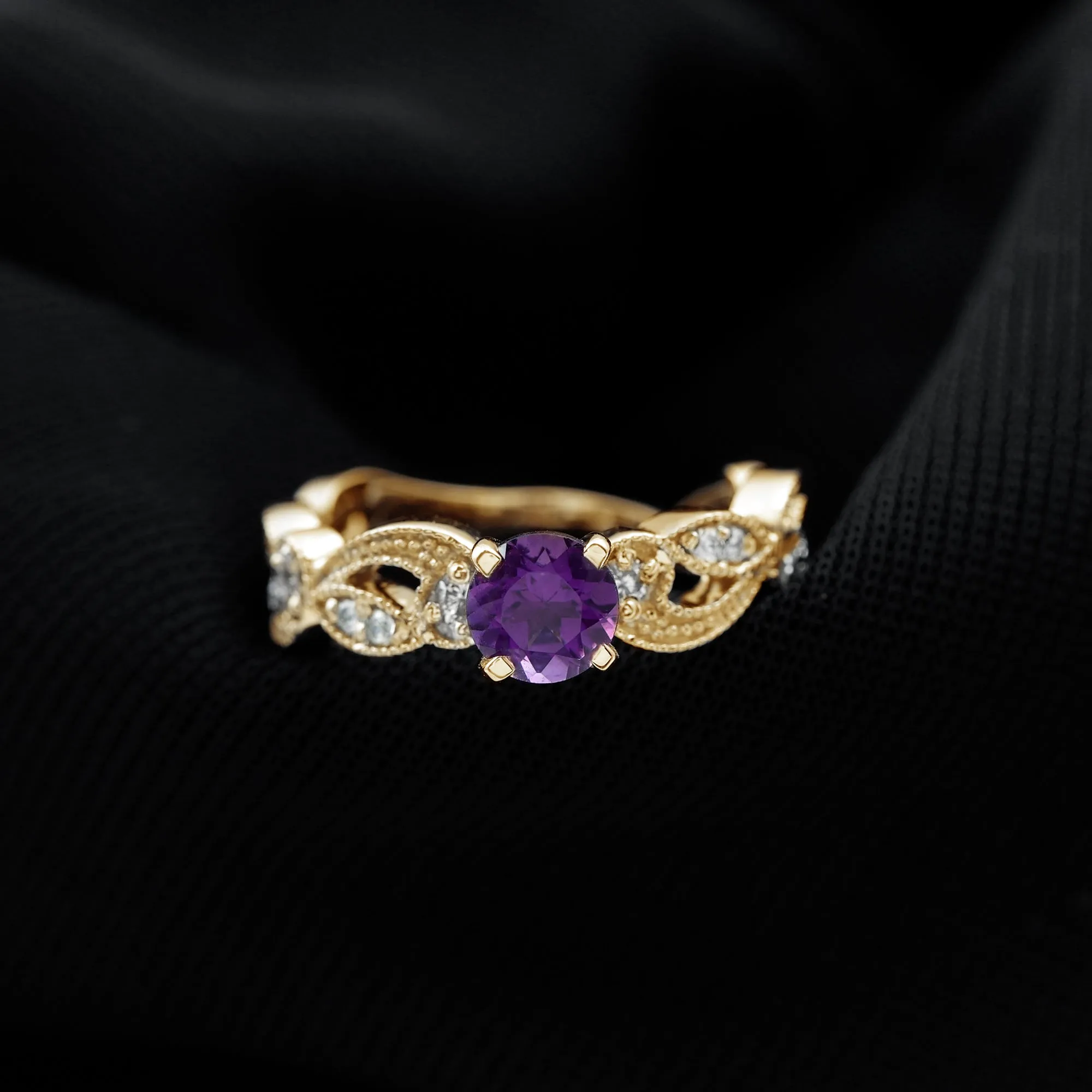 Antique Style Amethyst and Diamond Engagement Ring with Beaded Detailing
