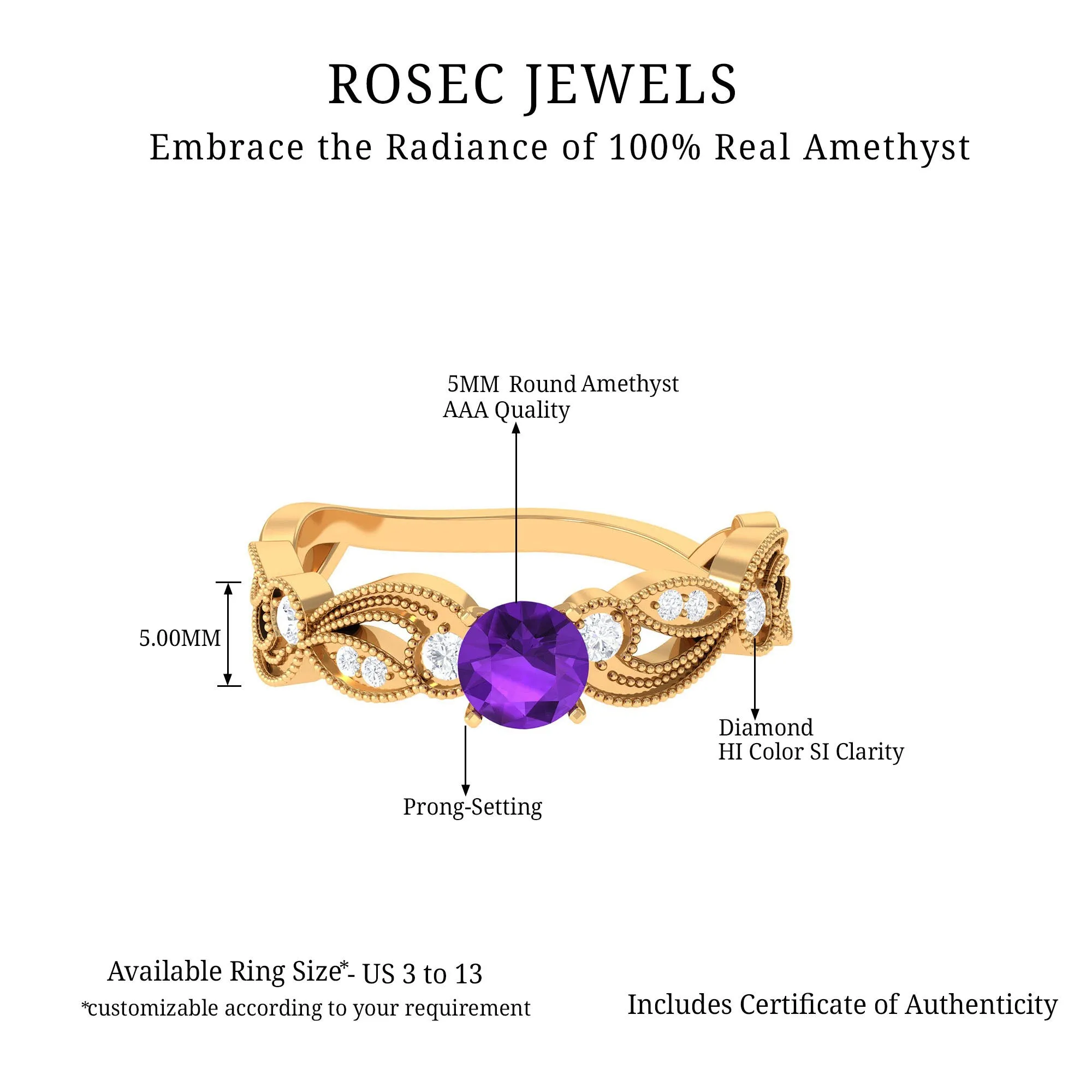 Antique Style Amethyst and Diamond Engagement Ring with Beaded Detailing