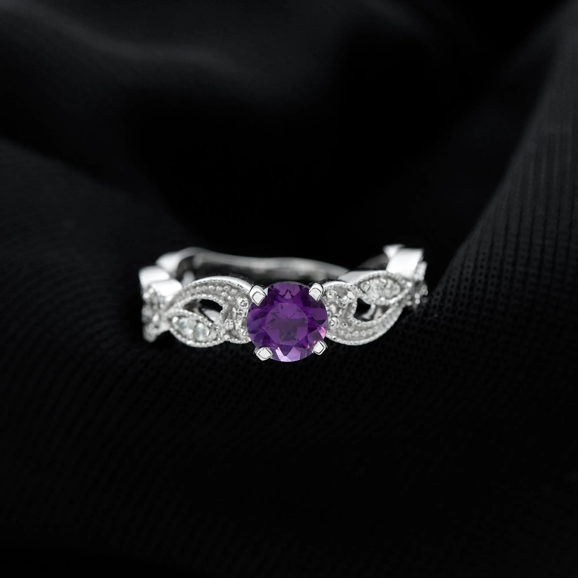 Antique Style Amethyst and Diamond Engagement Ring with Beaded Detailing