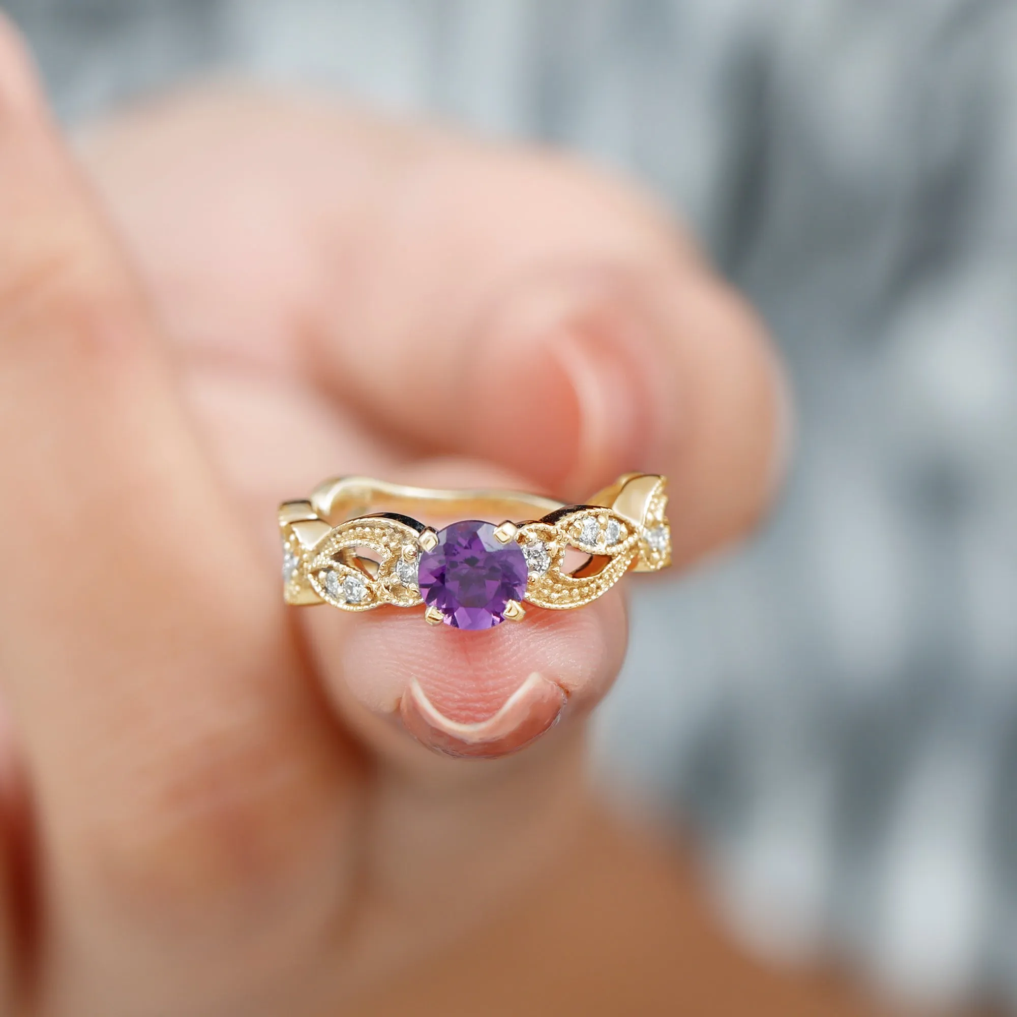 Antique Style Amethyst and Diamond Engagement Ring with Beaded Detailing