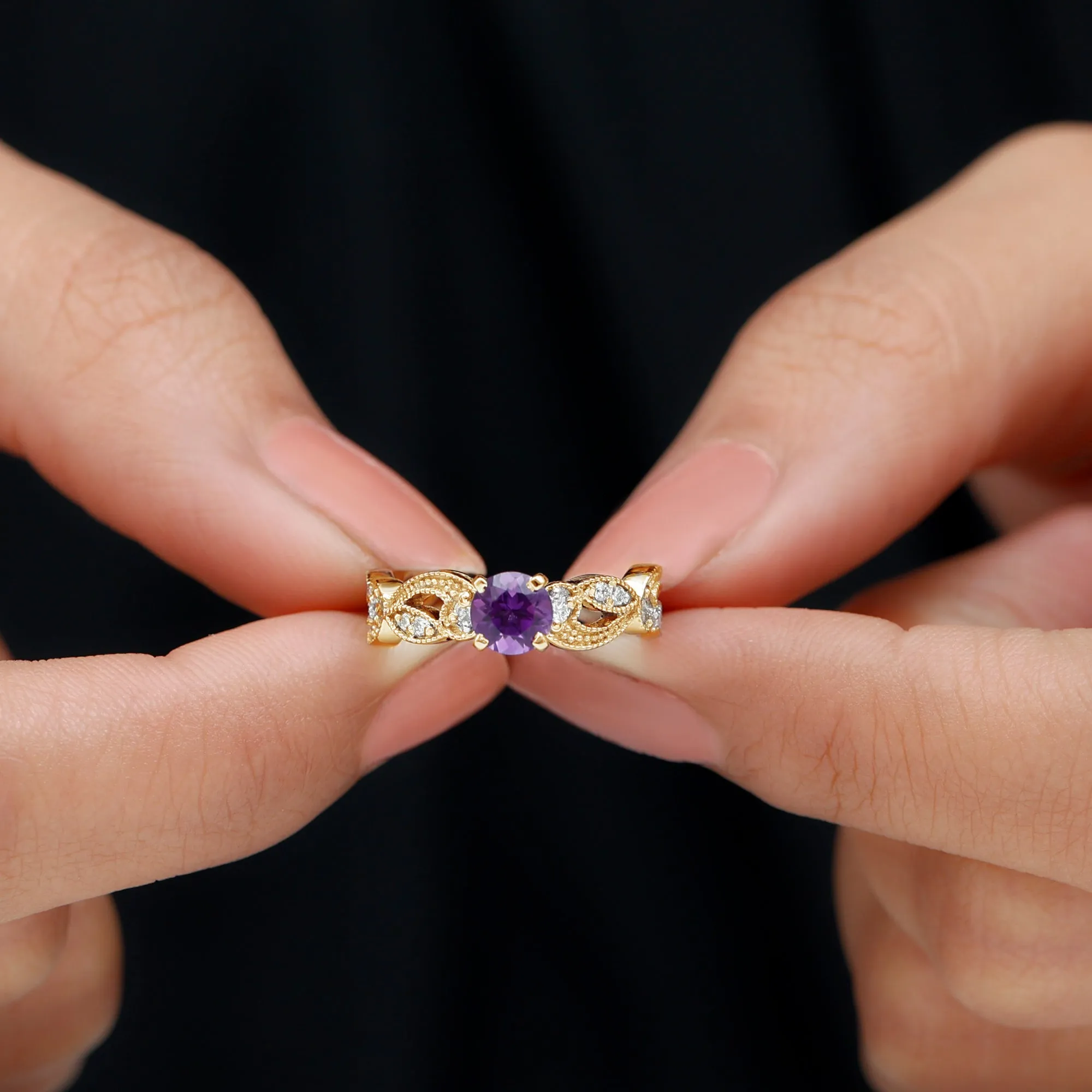 Antique Style Amethyst and Diamond Engagement Ring with Beaded Detailing