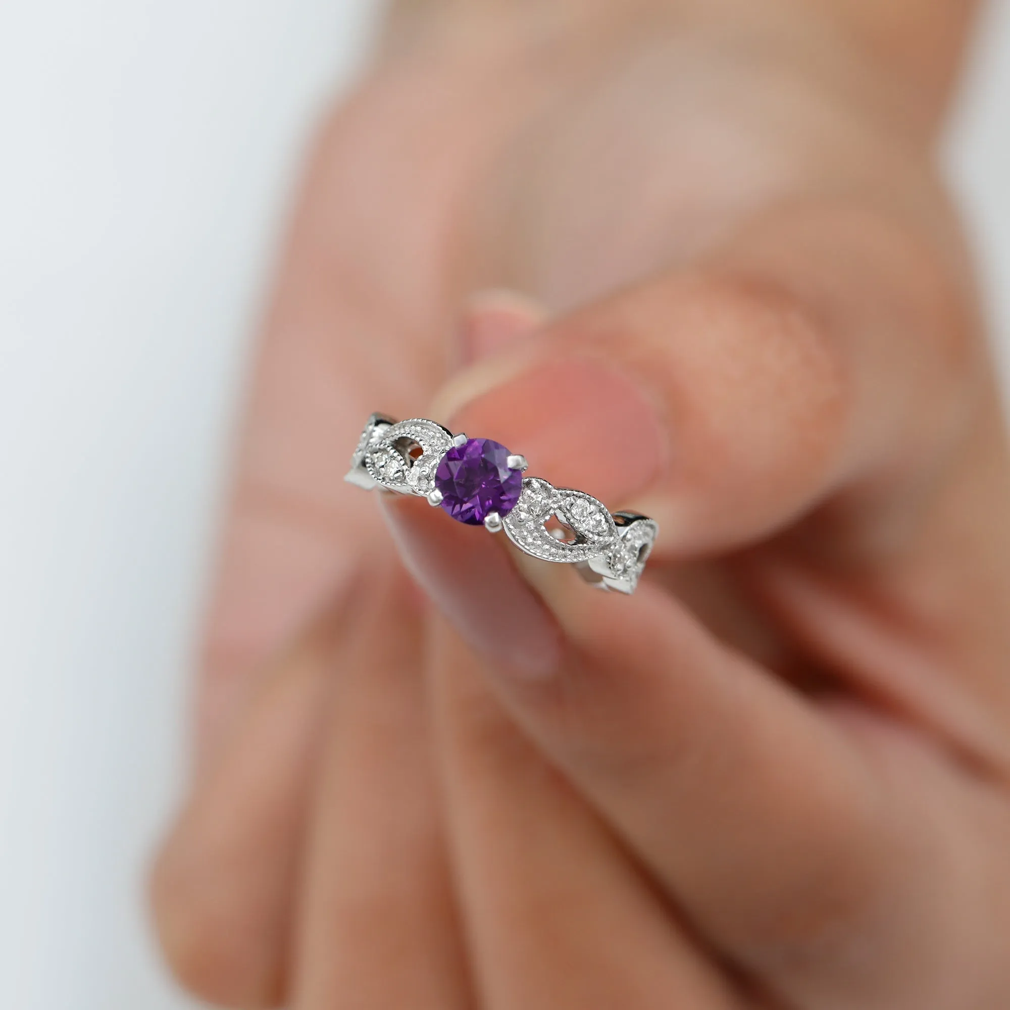 Antique Style Amethyst and Diamond Engagement Ring with Beaded Detailing