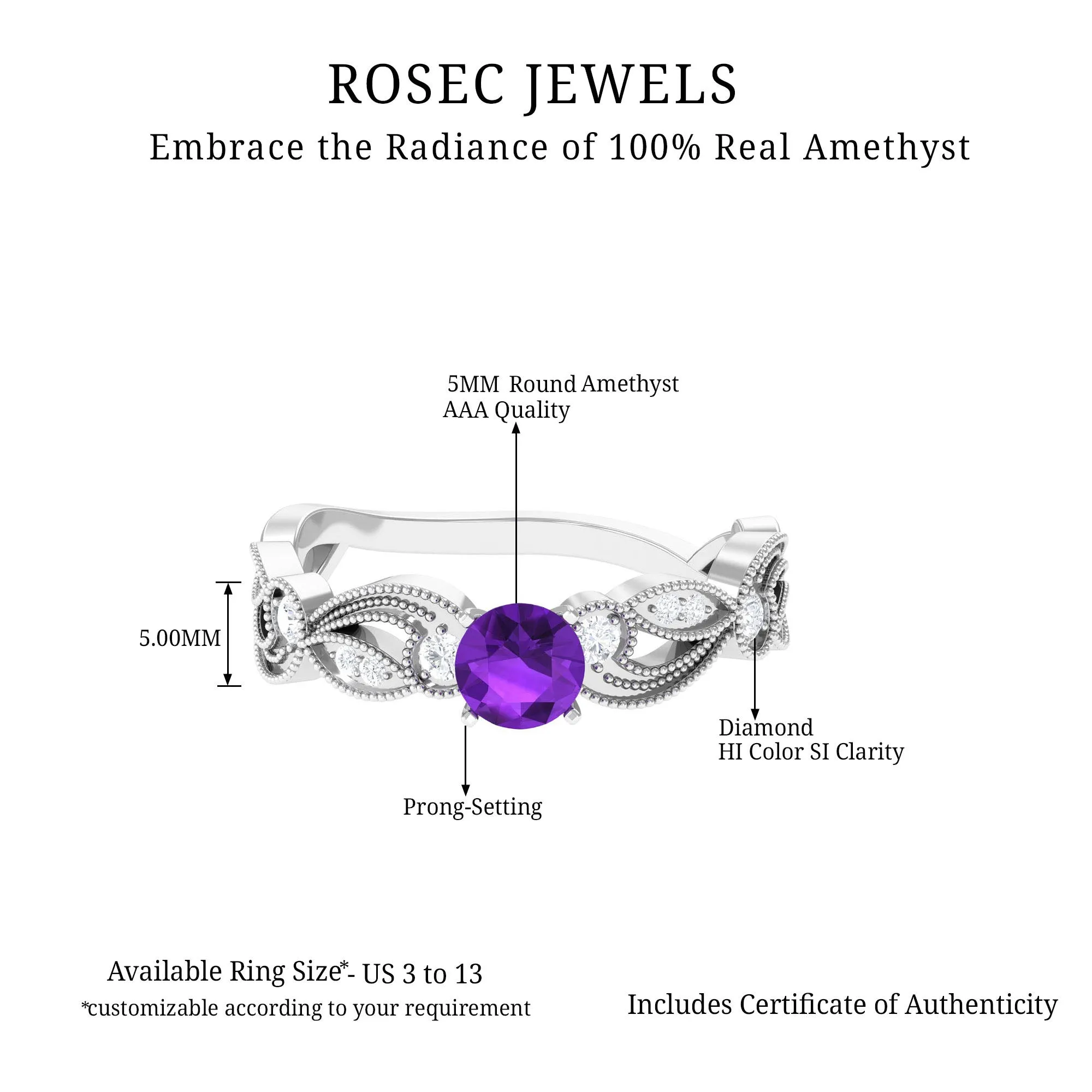 Antique Style Amethyst and Diamond Engagement Ring with Beaded Detailing