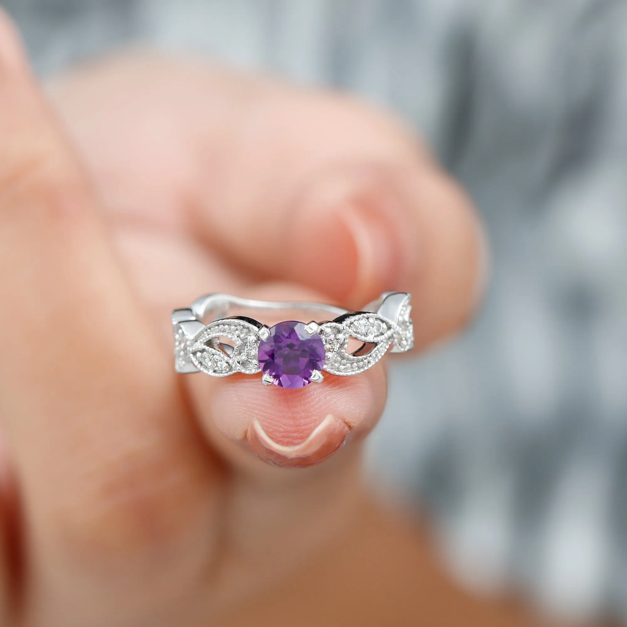 Antique Style Amethyst and Diamond Engagement Ring with Beaded Detailing