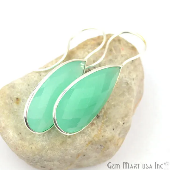 Aqua Chalcedony Pears Shape 33x16mm Silver Plated Dangle Hook Earrings