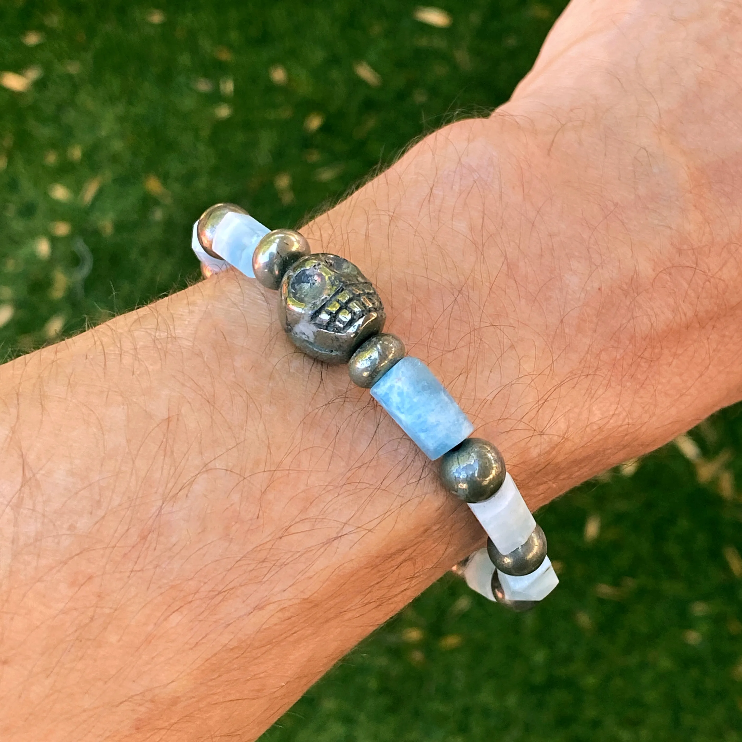 Aquamarine and Pyrite gemstone Skull Beaded Stretch Bracelet
