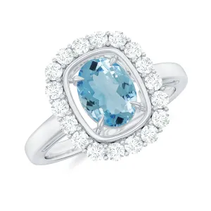 Aquamarine Halo Engagement Ring with Diamond