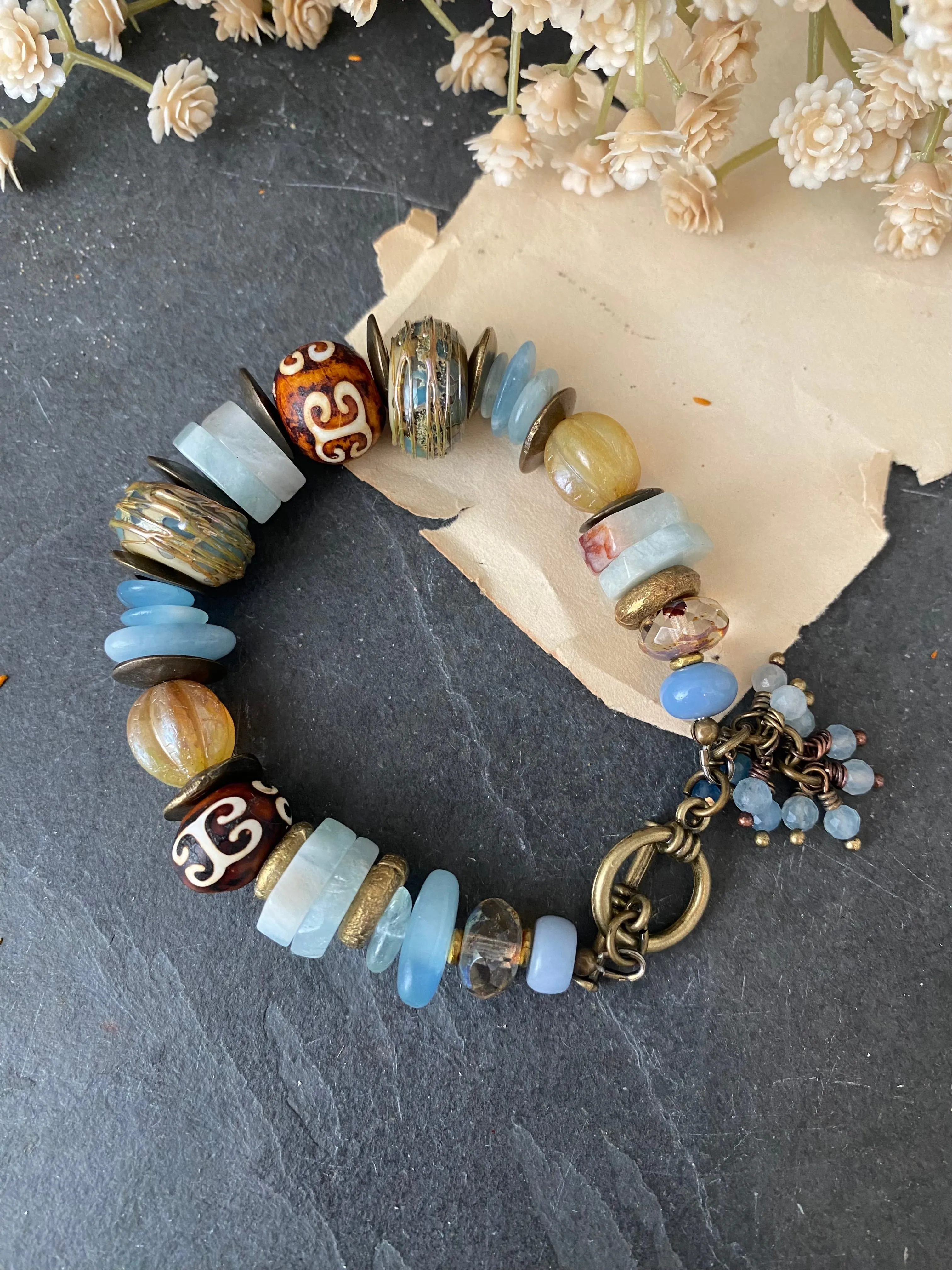 Aquamarine, lampwork glass, african brass, Czech glass, Amazonite, bracelet.