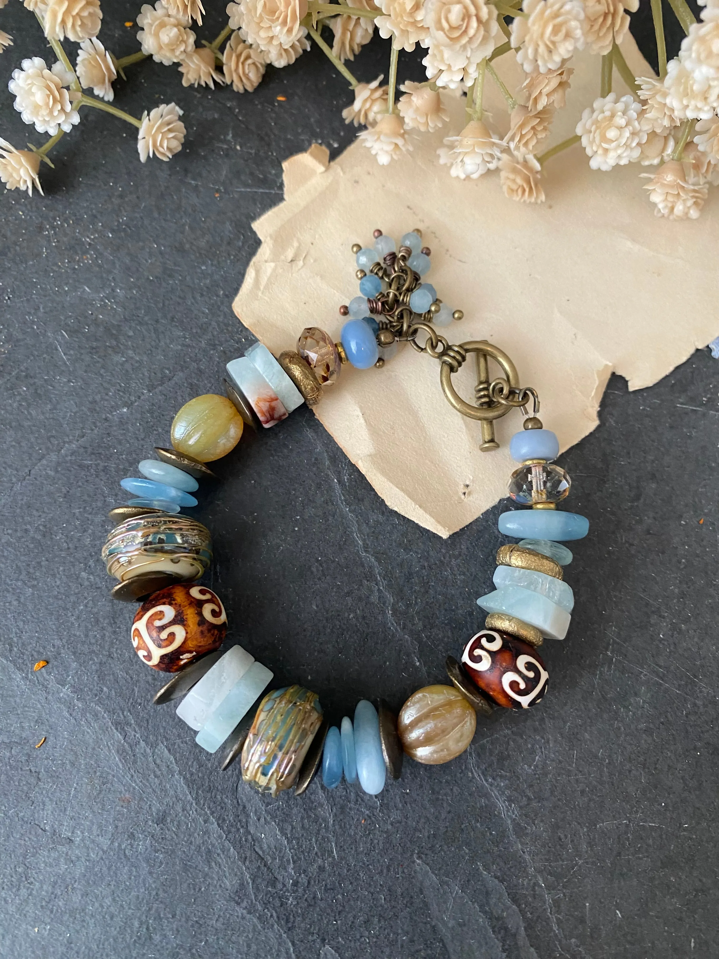 Aquamarine, lampwork glass, african brass, Czech glass, Amazonite, bracelet.