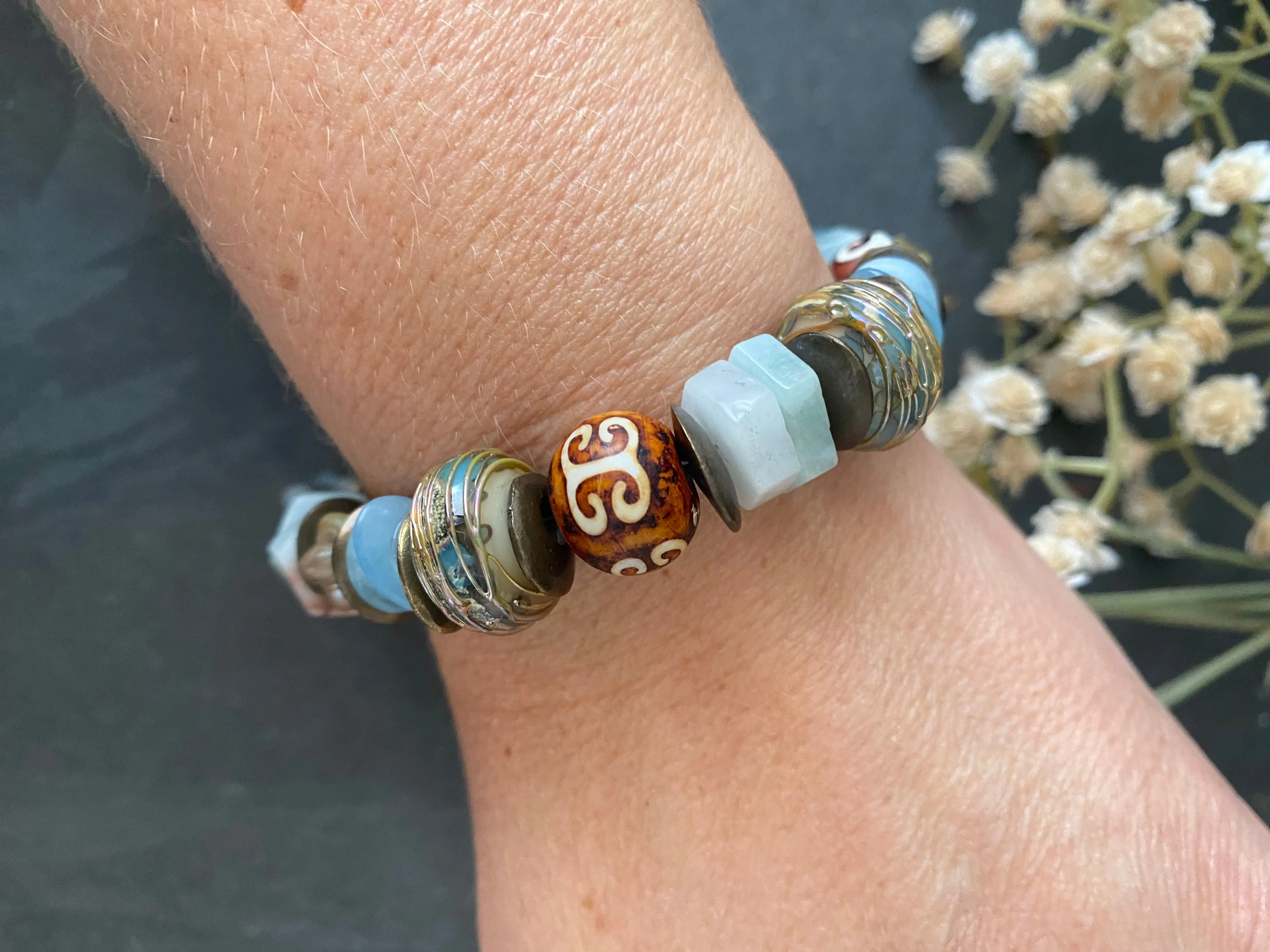 Aquamarine, lampwork glass, african brass, Czech glass, Amazonite, bracelet.