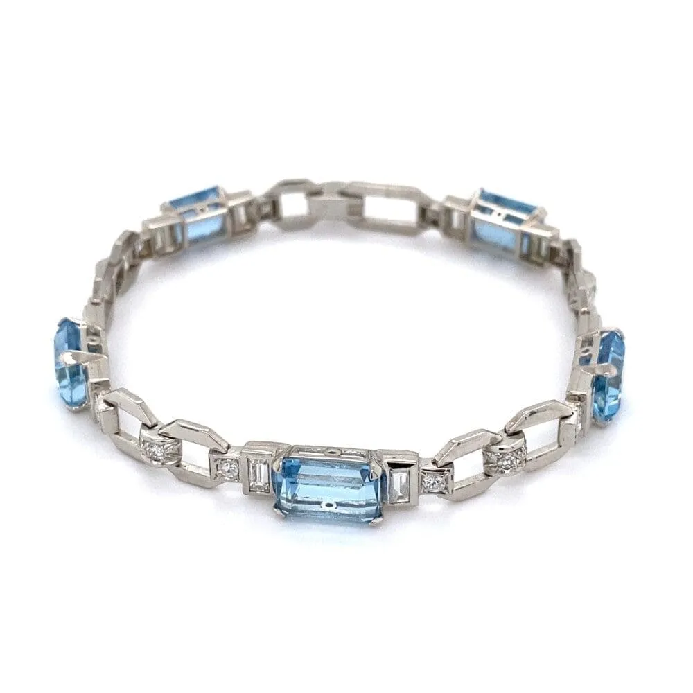 Art Deco 5 Aquamarine & Diamond Bracelet 21.5g, 7" at Regard Jewelry in Austin, Texas