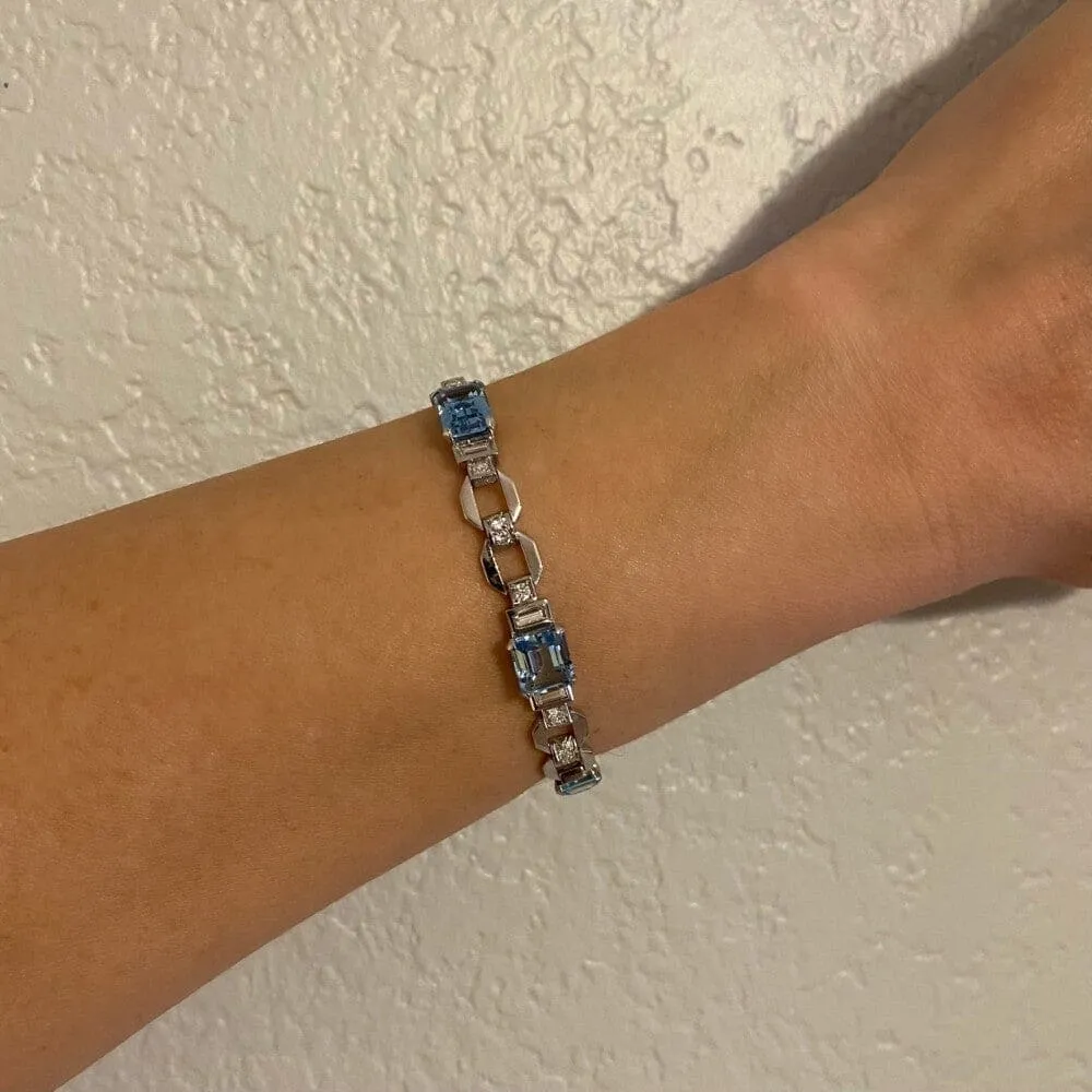 Art Deco 5 Aquamarine & Diamond Bracelet 21.5g, 7" at Regard Jewelry in Austin, Texas
