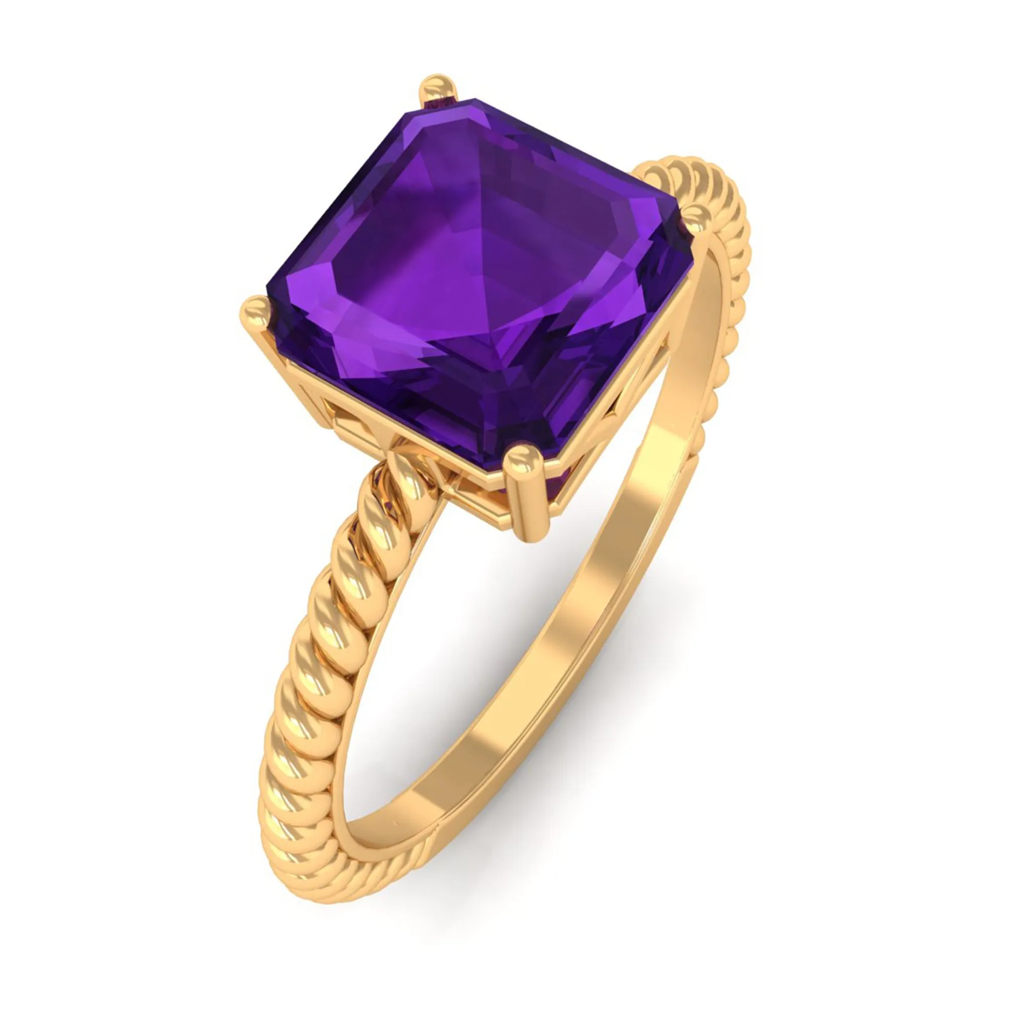 Asscher Cut Amethyst Solitaire Ring with Twisted Rope