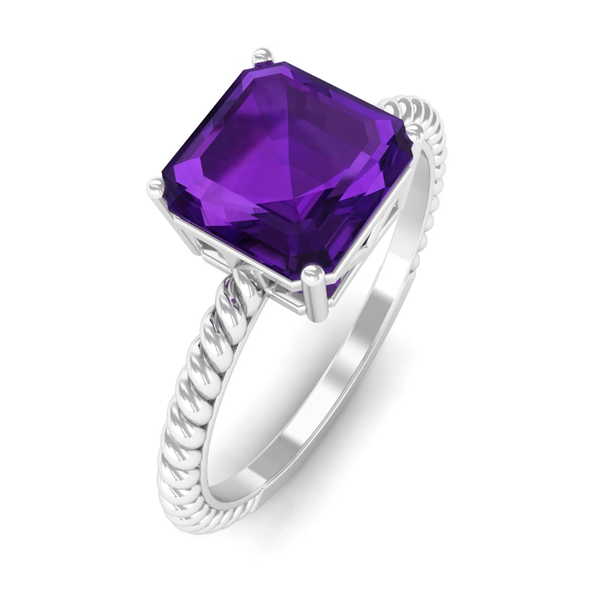 Asscher Cut Amethyst Solitaire Ring with Twisted Rope