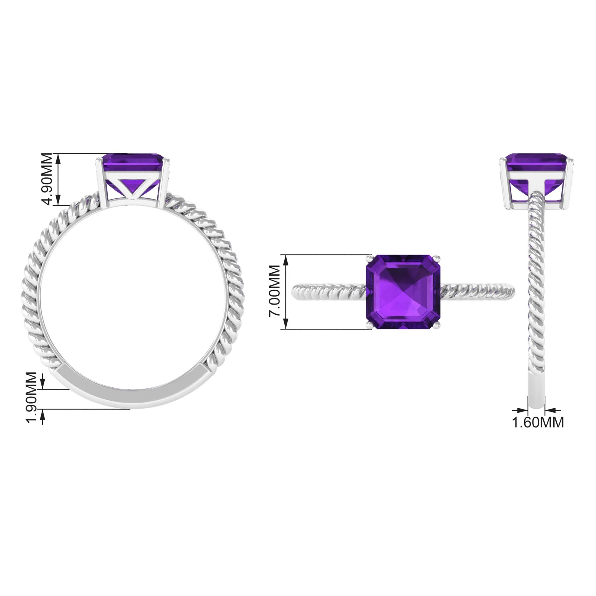 Asscher Cut Amethyst Solitaire Ring with Twisted Rope