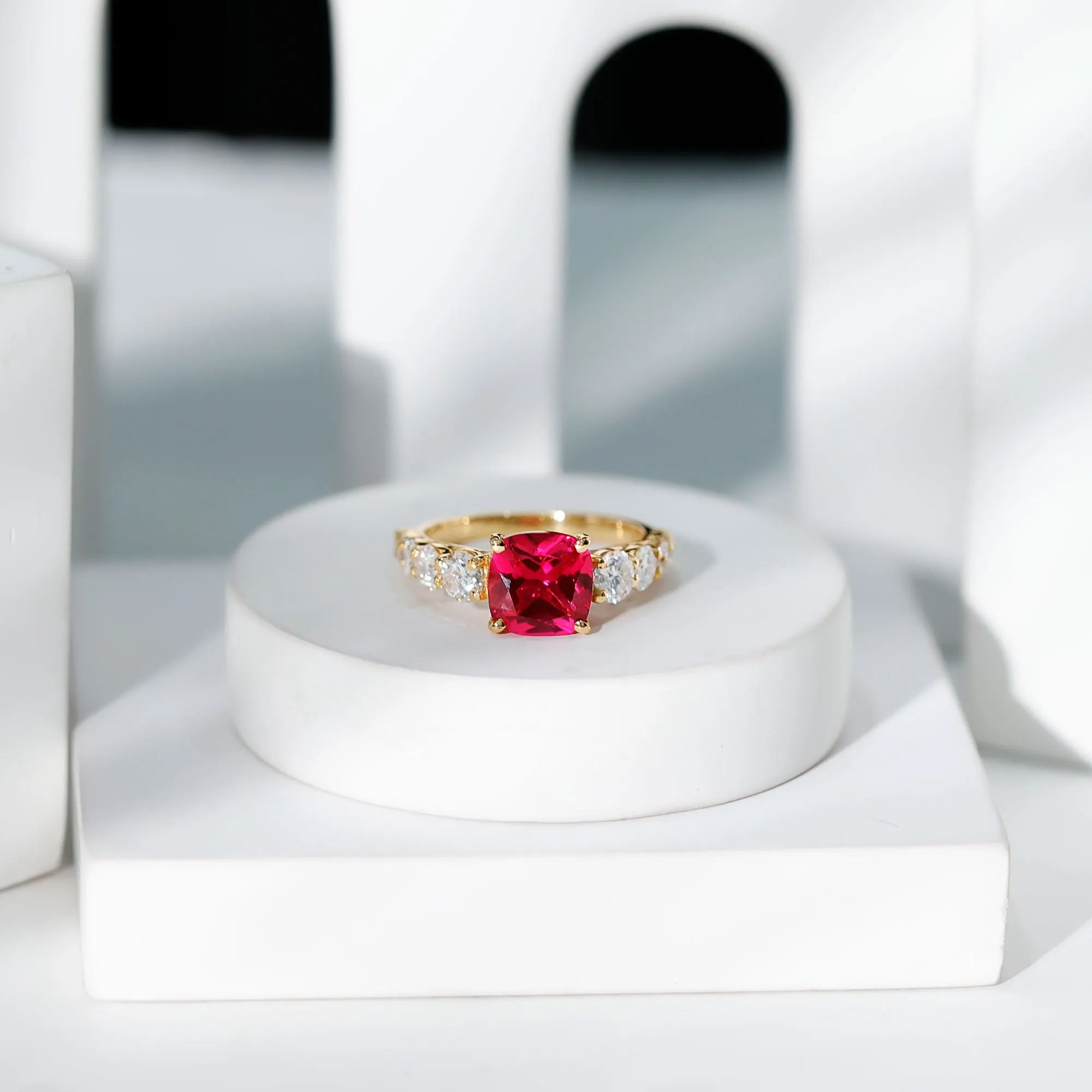 Asscher Cut Created Ruby Solitaire Ring with Moissanite Side Stones