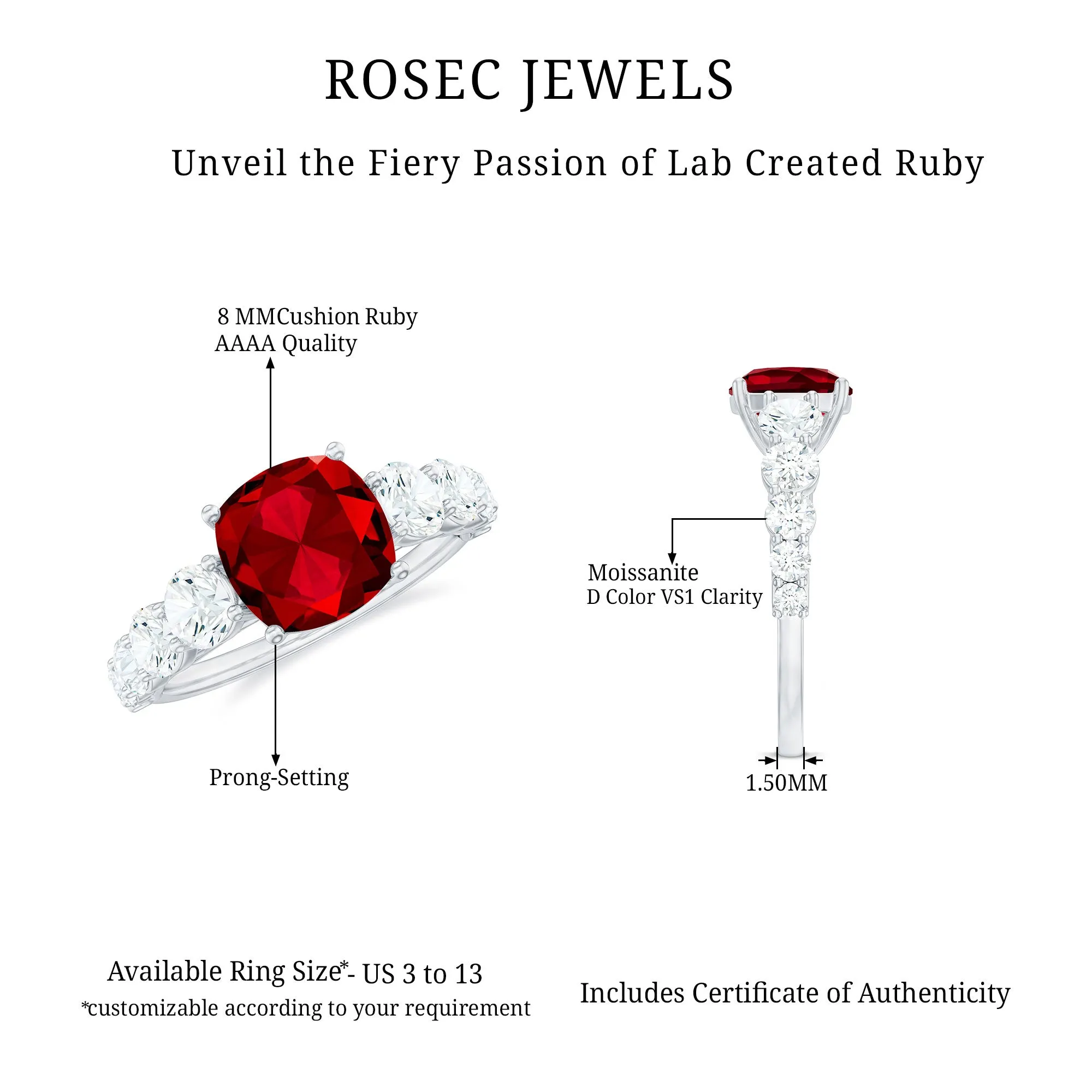 Asscher Cut Created Ruby Solitaire Ring with Moissanite Side Stones