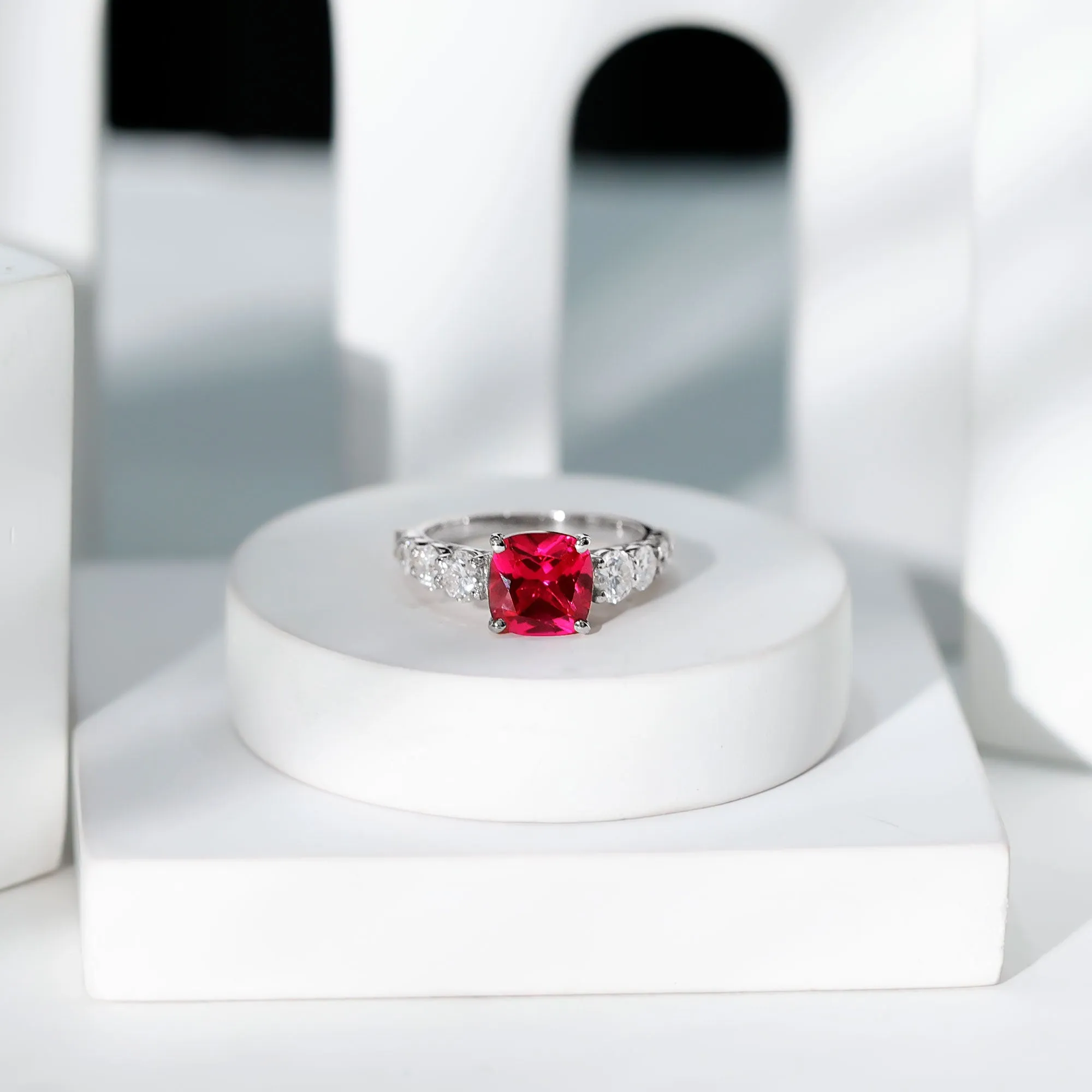 Asscher Cut Created Ruby Solitaire Ring with Moissanite Side Stones