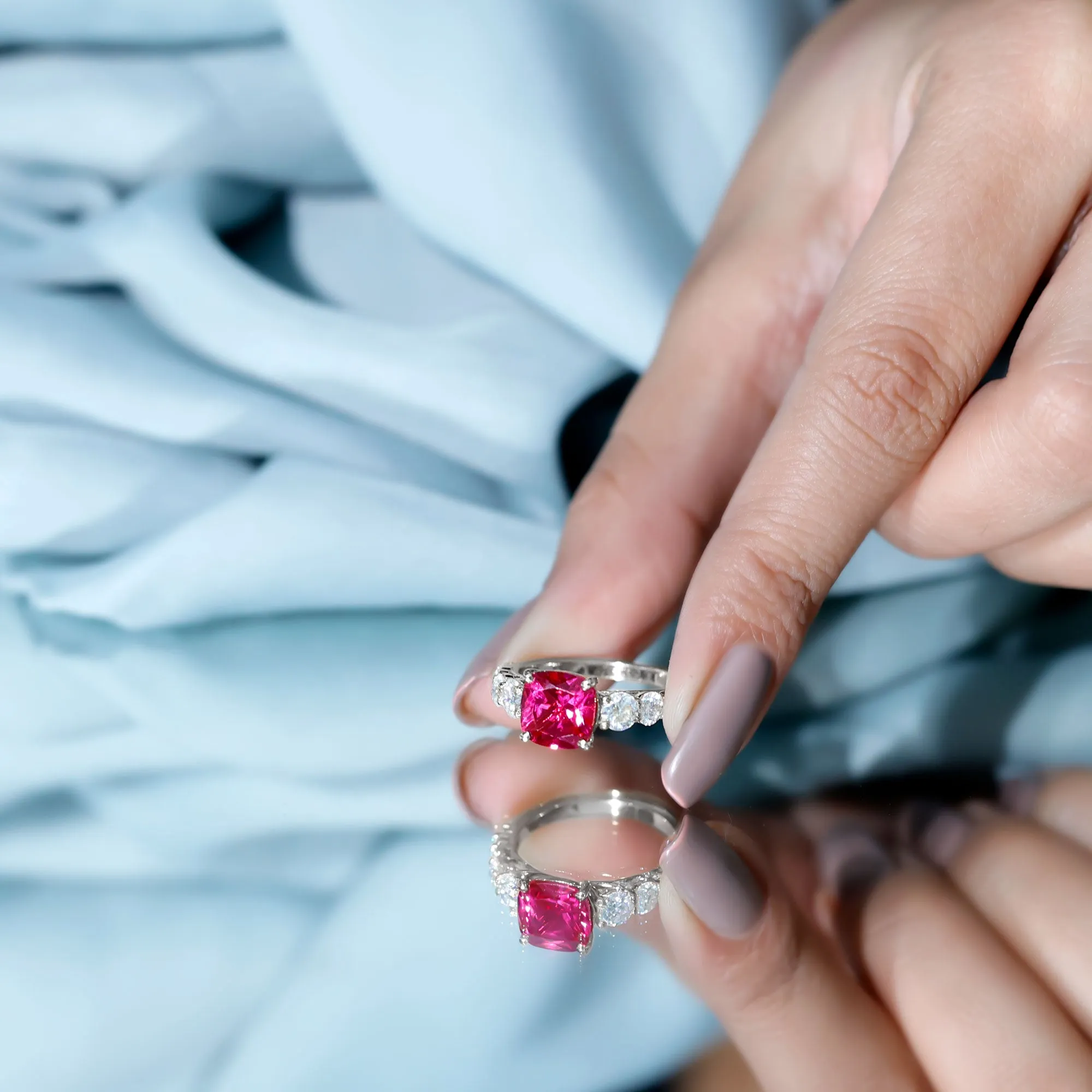 Asscher Cut Created Ruby Solitaire Ring with Moissanite Side Stones