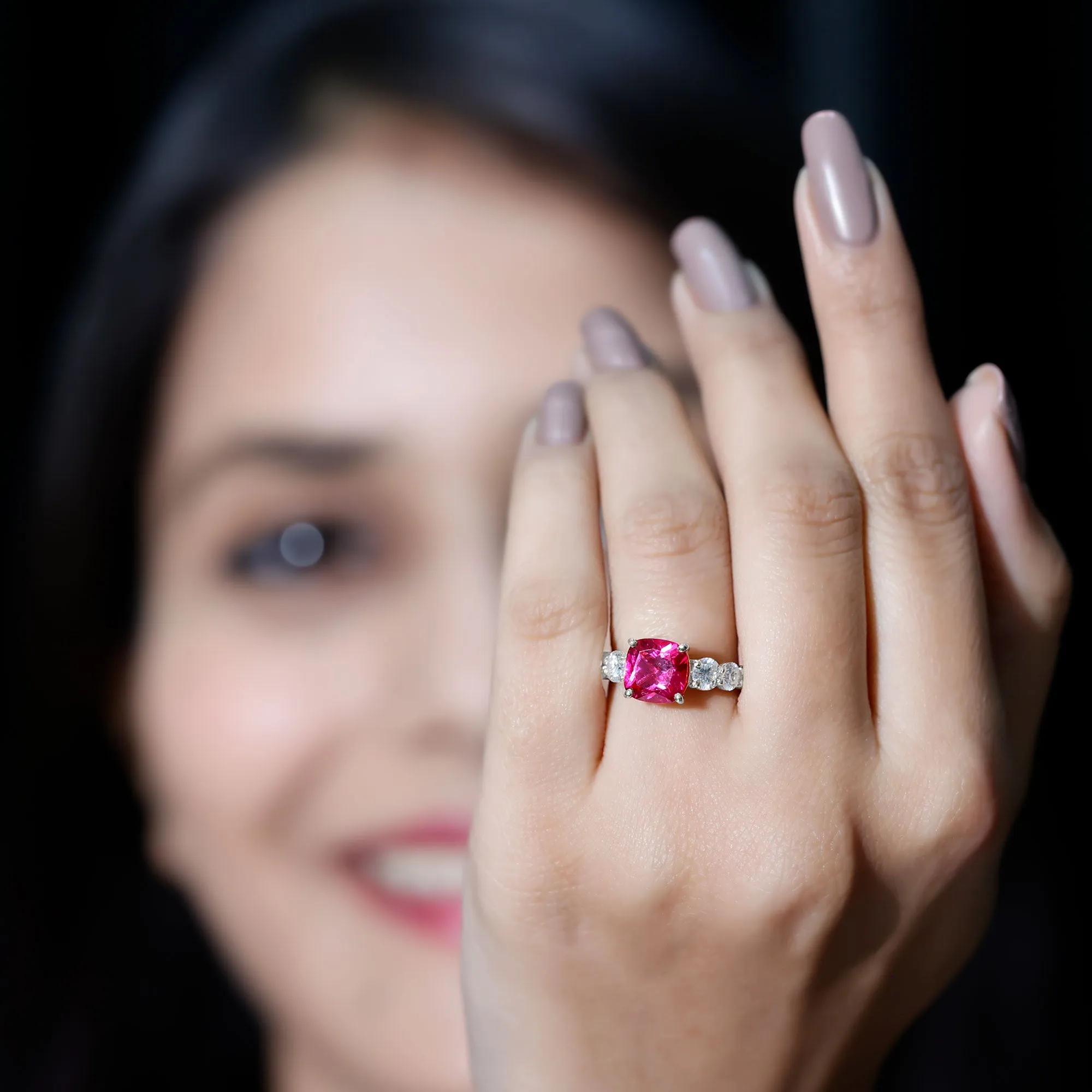 Asscher Cut Created Ruby Solitaire Ring with Moissanite Side Stones