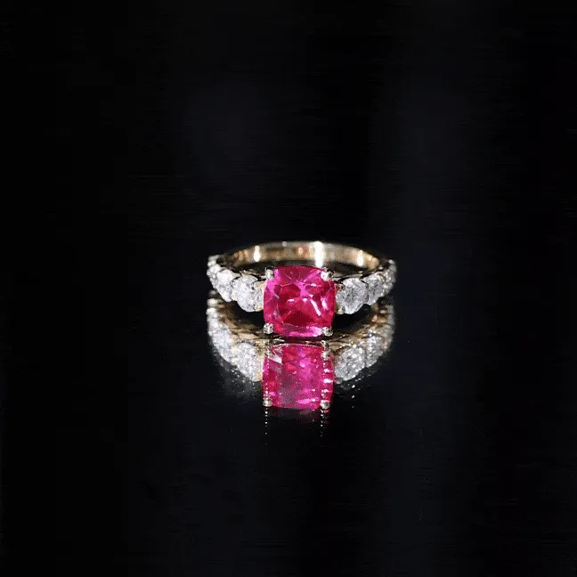 Asscher Cut Created Ruby Solitaire Ring with Moissanite Side Stones