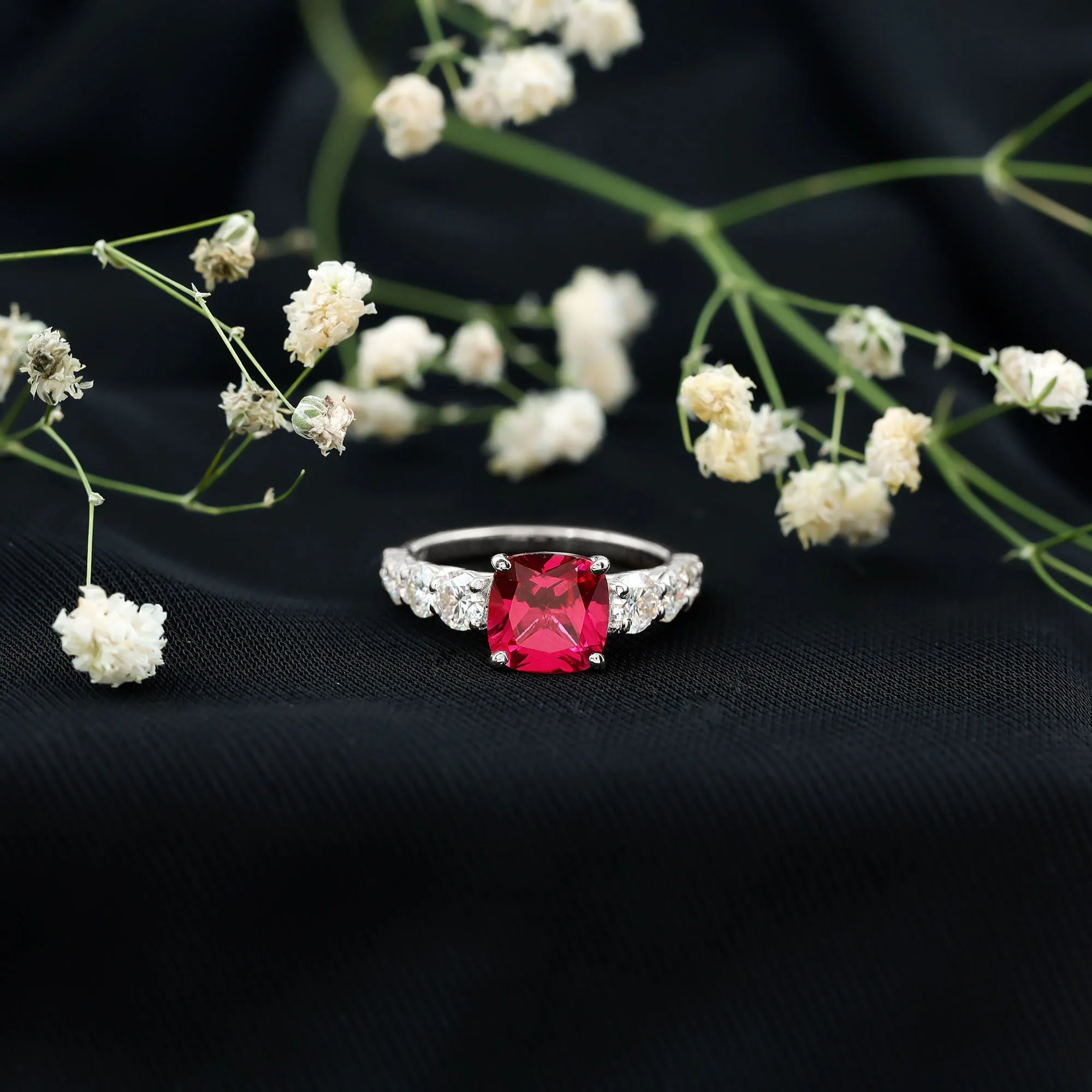 Asscher Cut Created Ruby Solitaire Ring with Moissanite Side Stones