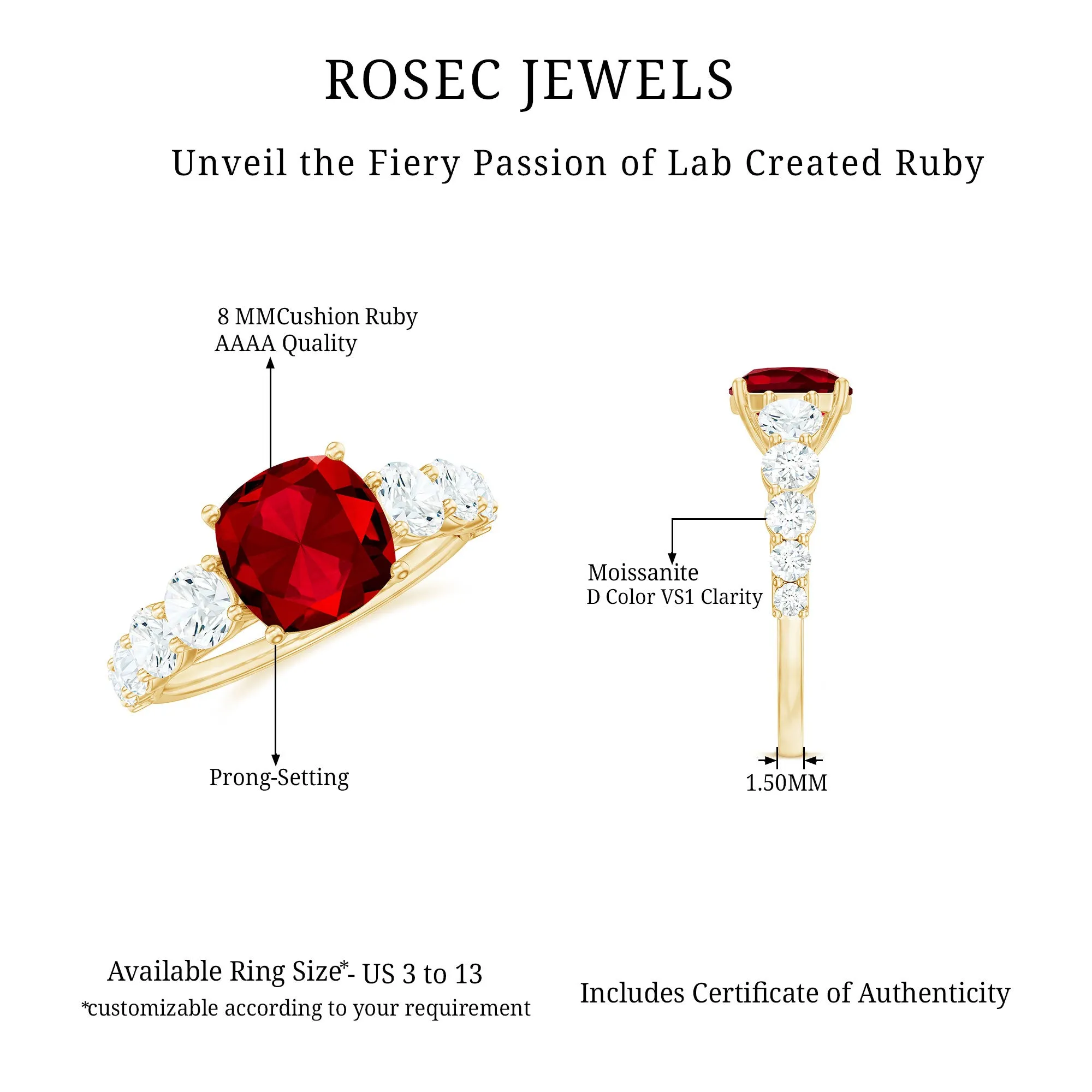 Asscher Cut Created Ruby Solitaire Ring with Moissanite Side Stones