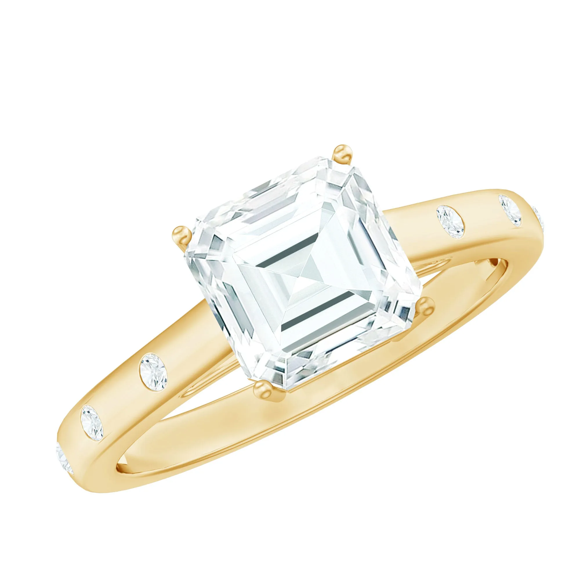 Asscher Cut Moissanite Solitaire Ring with Sleek Accent