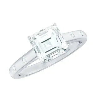 Asscher Cut Moissanite Solitaire Ring with Sleek Accent