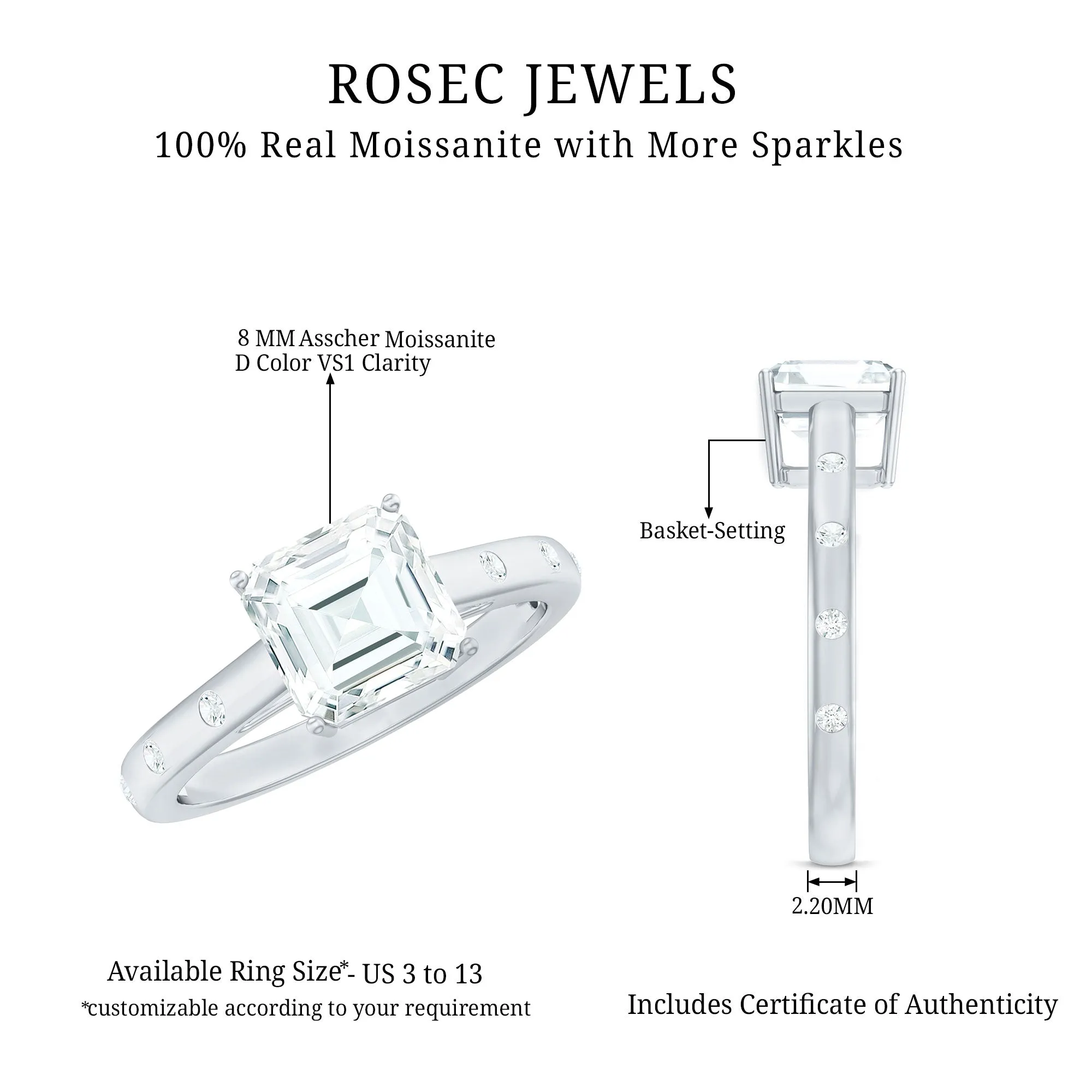 Asscher Cut Moissanite Solitaire Ring with Sleek Accent