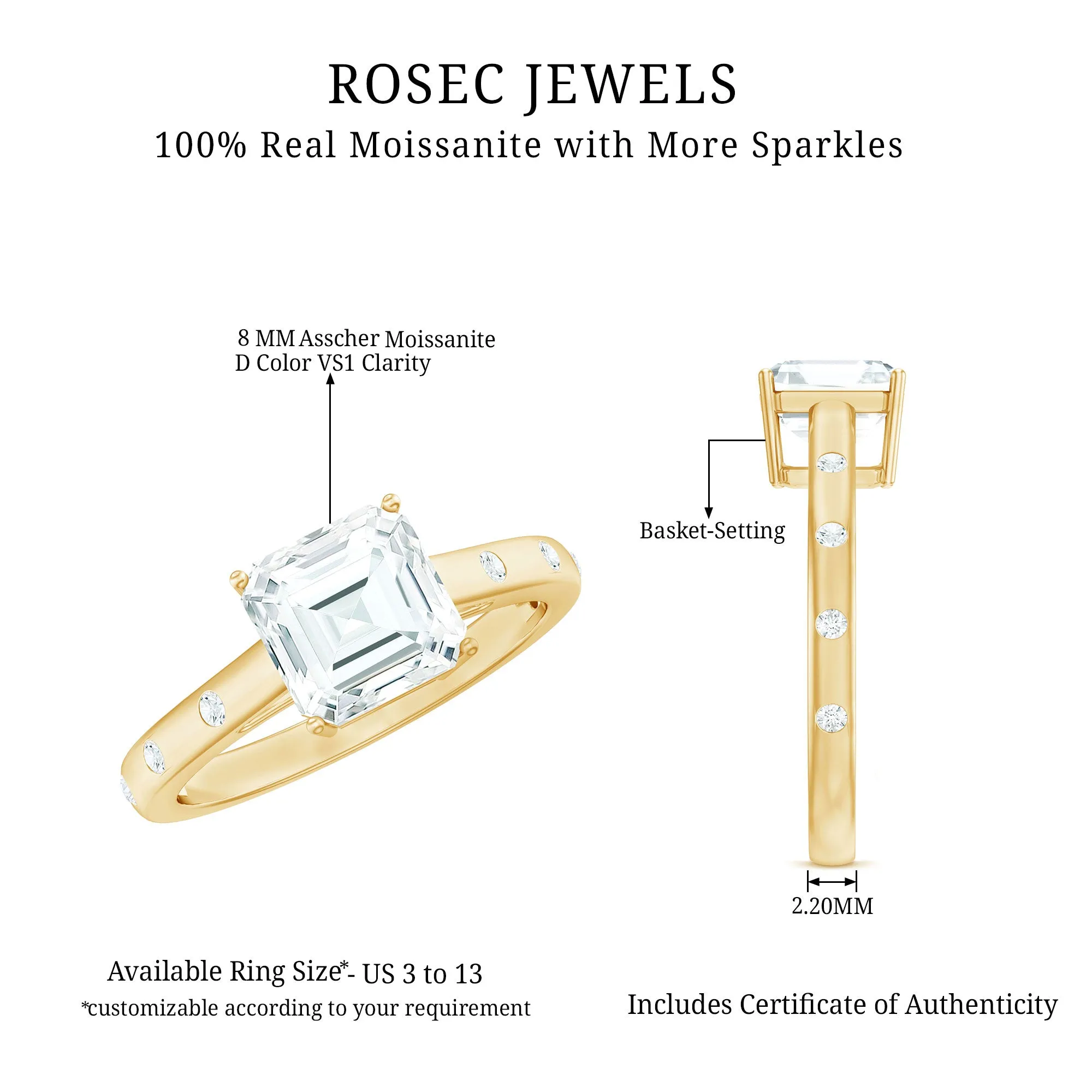 Asscher Cut Moissanite Solitaire Ring with Sleek Accent