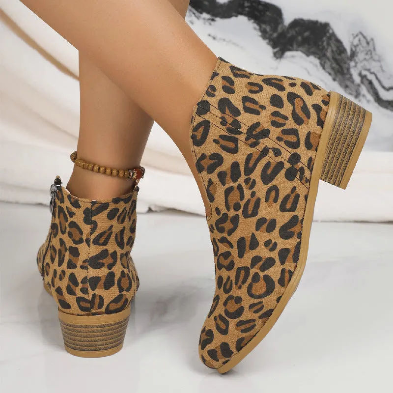 Autumn and Winter Cross-Border   Leopard Root Booties Side Zipper round Toe V Cut Suede Ankle Boots Female in Stock